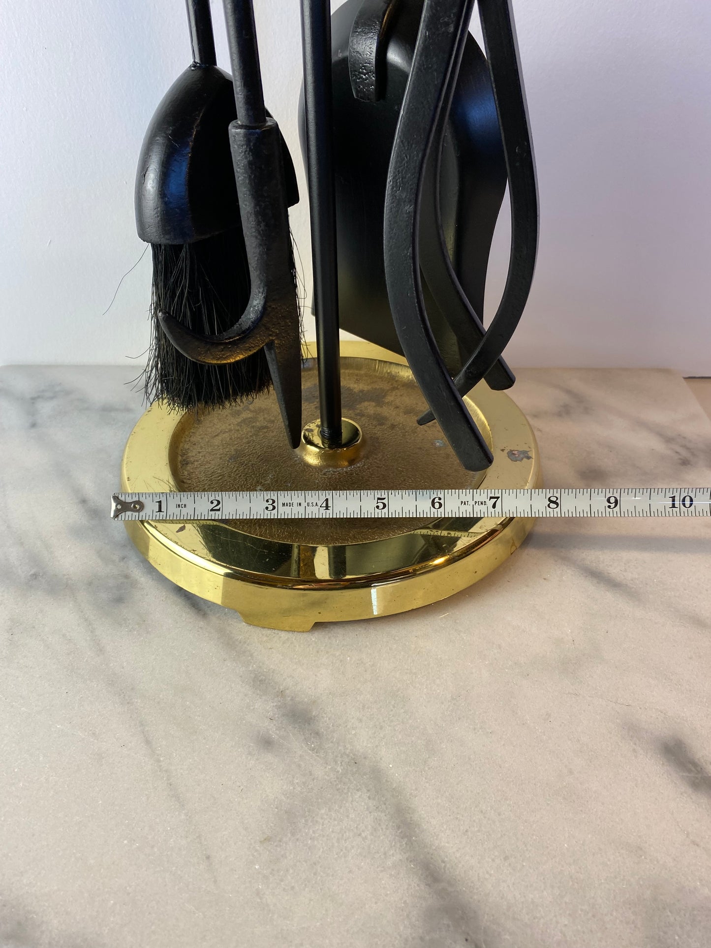 Modern Brass and Black Metal Fireplace Tool Set 4-Piece With Stand