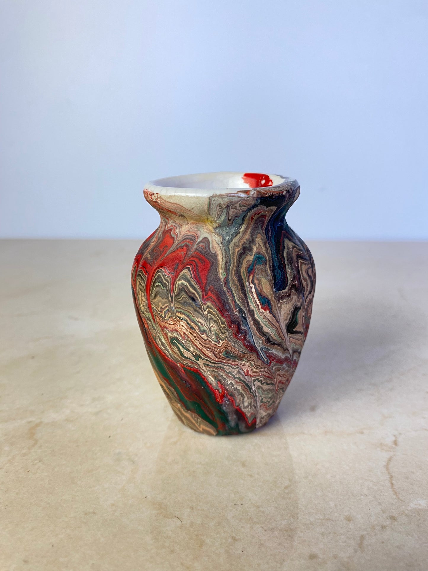 Vintage Marbled Porcelain Bud Vase in the Style of Nemadji or Ozark Pottery, Swirl Glaze Ceramic Vessel