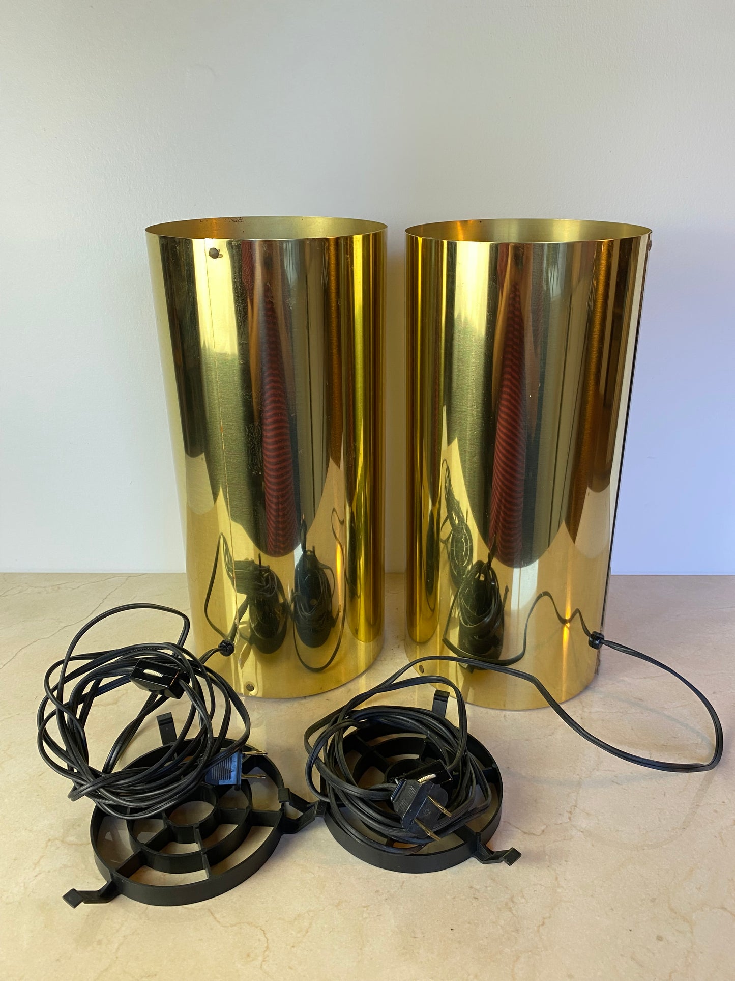 Pair of Vintage Brass Cylinder Table Lamps in the Style of Robert Sonneman, 1970s Modernist Uplights