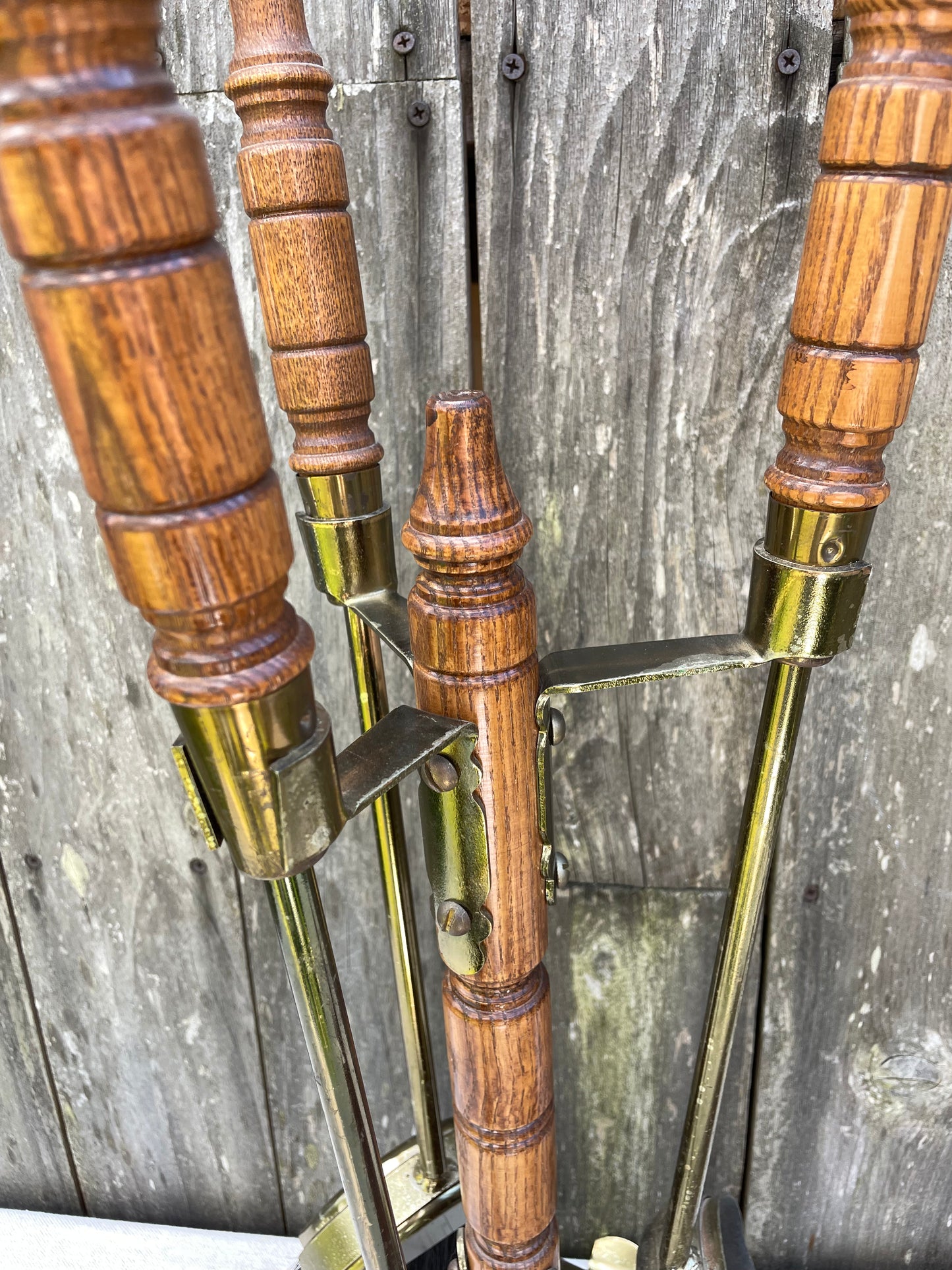 Mid-Century Oak Handled Fireplace Tools Set With Brass Accents and Stand- 5 Pieces