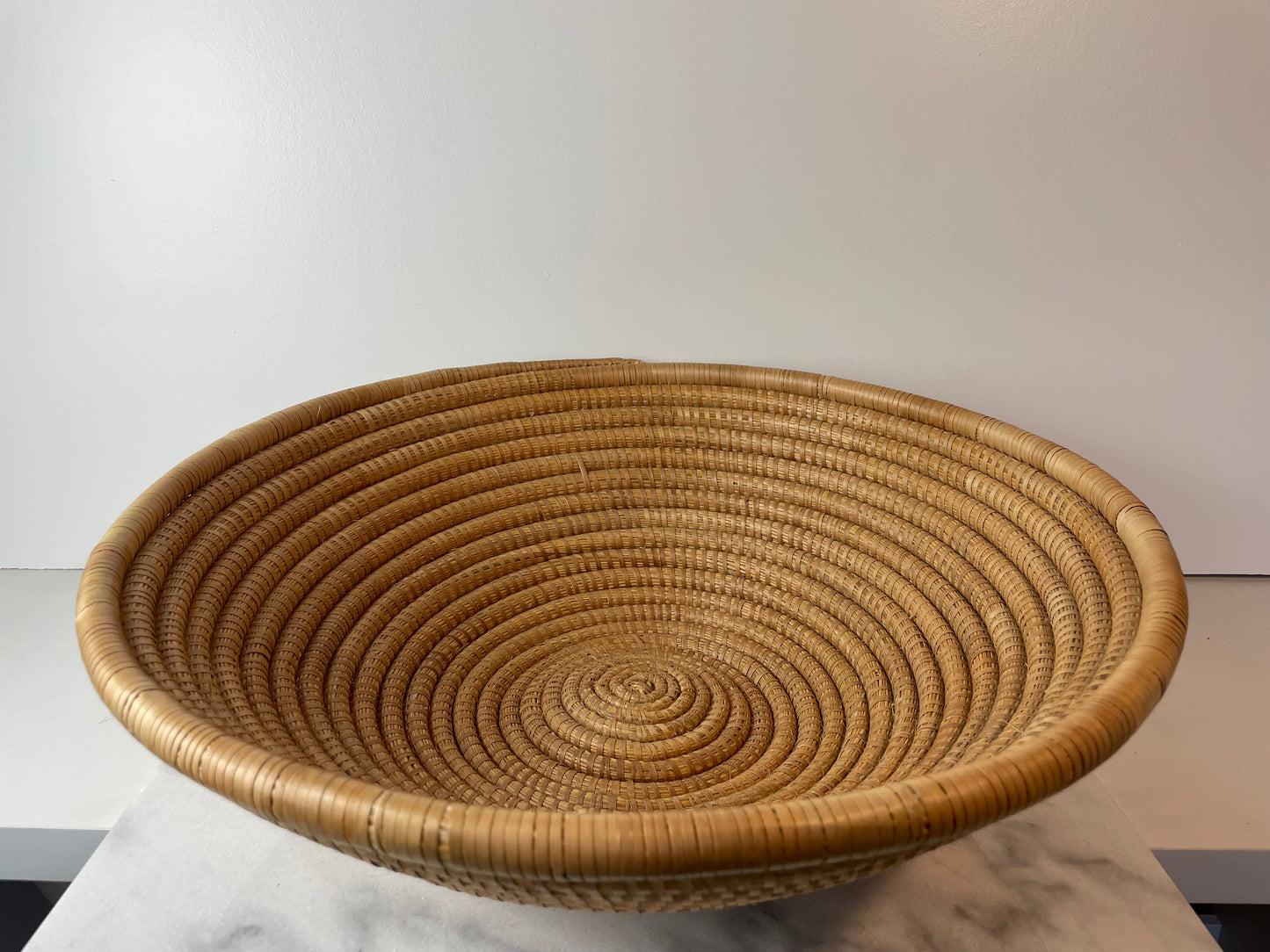 Handwoven Coiled Rattan Shallow Basket Bowl Natural Fiber Boho & Coastal Decor