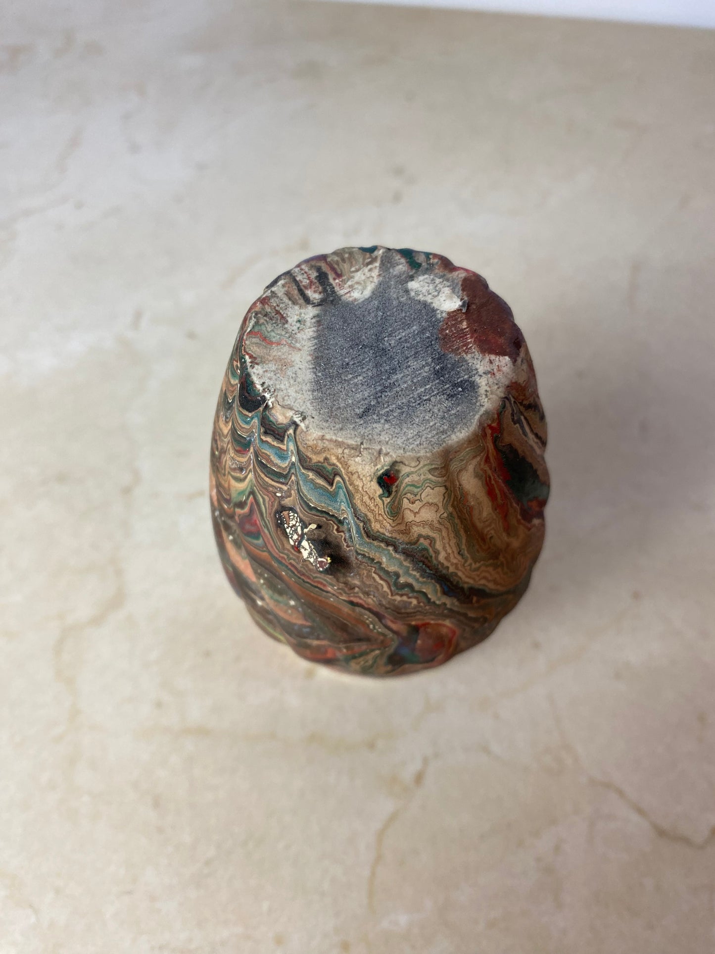 Vintage Marbled Porcelain Bud Vase in the Style of Nemadji or Ozark Pottery, Swirl Glaze Ceramic Vessel