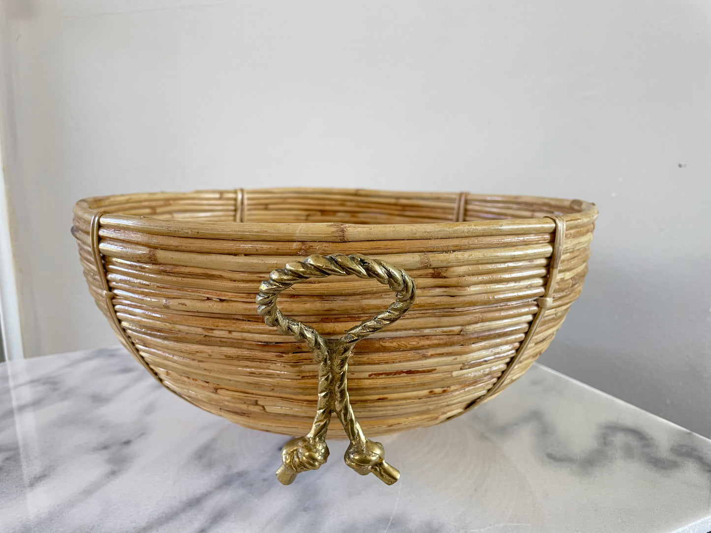 1970s Vintage Mid-Century Crespi Style Bamboo Brass & Rattan Bowl