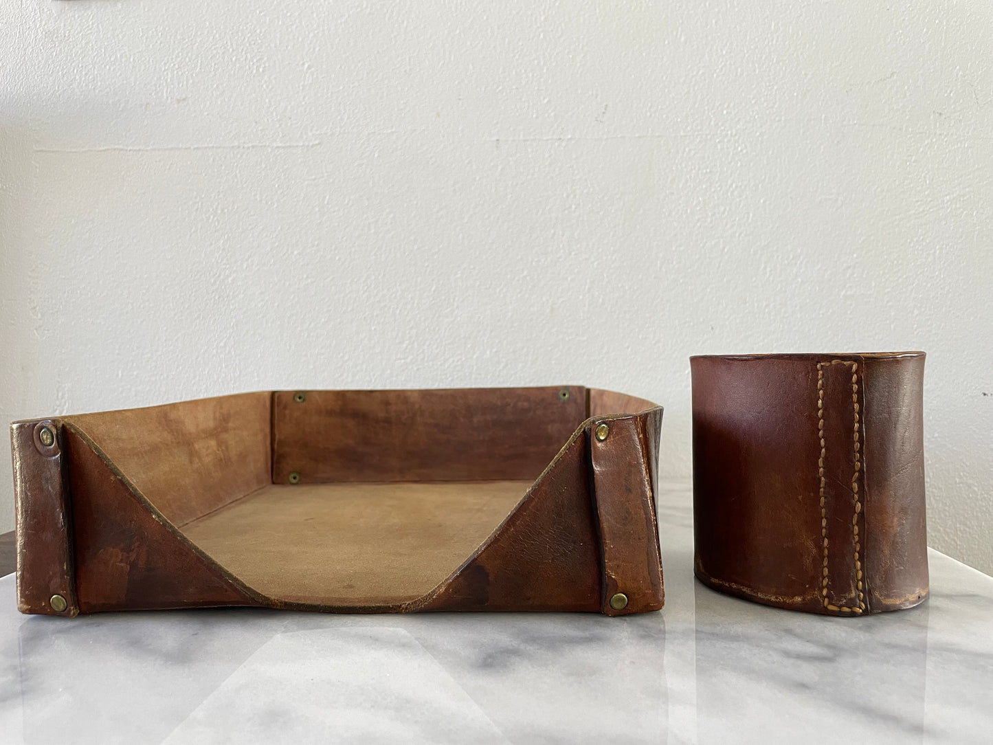 Vintage Cognac Distressed Leather Desk Accessories - Paper Tray & Pencil Cup- 2 Pieces