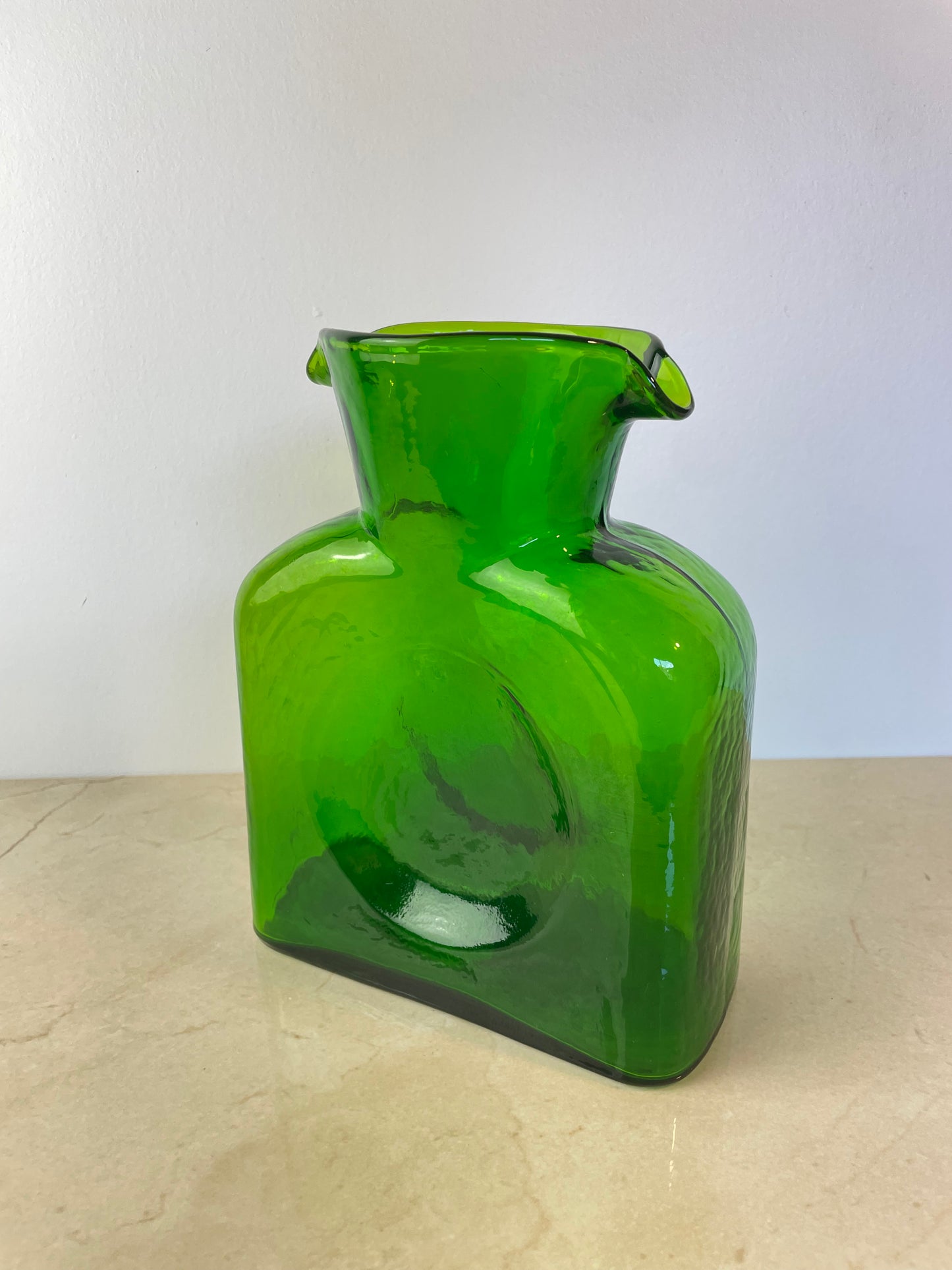 Mid 20th Century Blenko Emerald Green Double Spout Water Bottle Pitcher