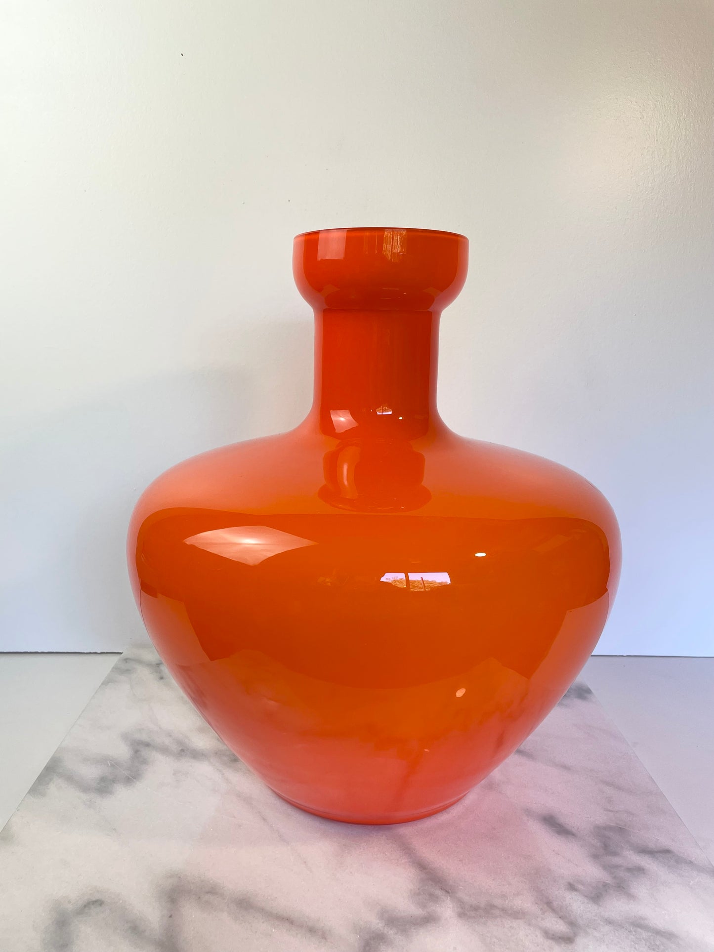 Large Scale Murano Orange Cased Glass Vase in the Manner of Carlo Moretti.