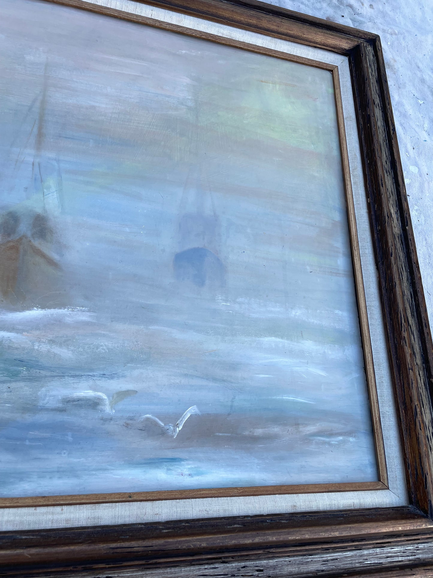 Nautical Seascape Fishing Boats Framed Vintage Oil on Board