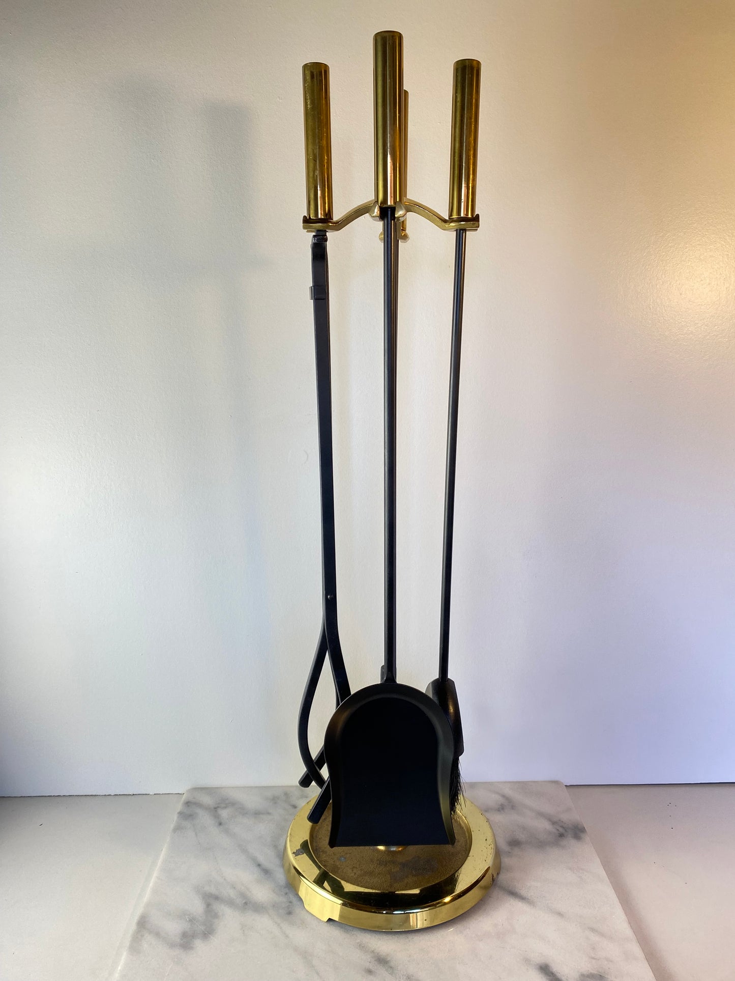 Modern Brass and Black Metal Fireplace Tool Set 4-Piece With Stand