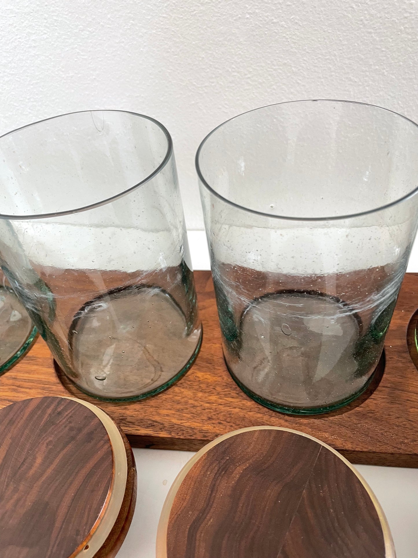 Mid 20th Century Solid Walnut and Blown Glass Canister Jars With Stand- 7 Pieces