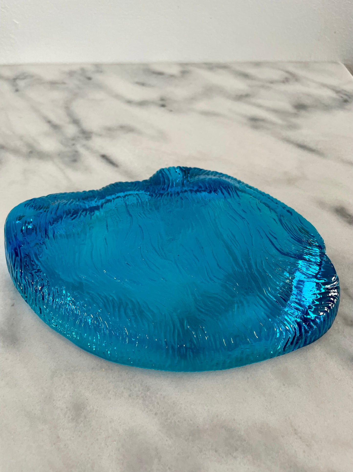 Mid-Century Blenko Sapphire Blue Amorphous Heavy Glass Tray Catchall