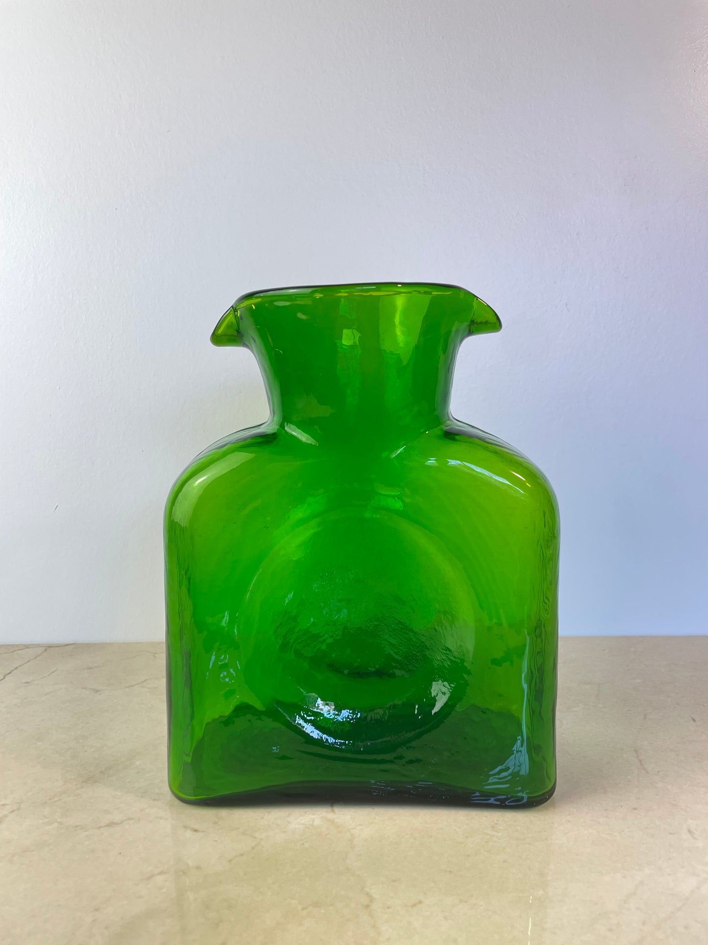 Mid 20th Century Blenko Emerald Green Double Spout Water Bottle Pitcher