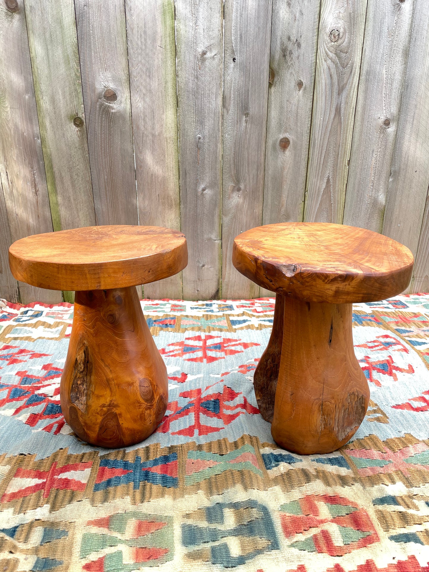 Mid 20th Century Rustic Solid Teak Wood Mushroom Tables - a Pair