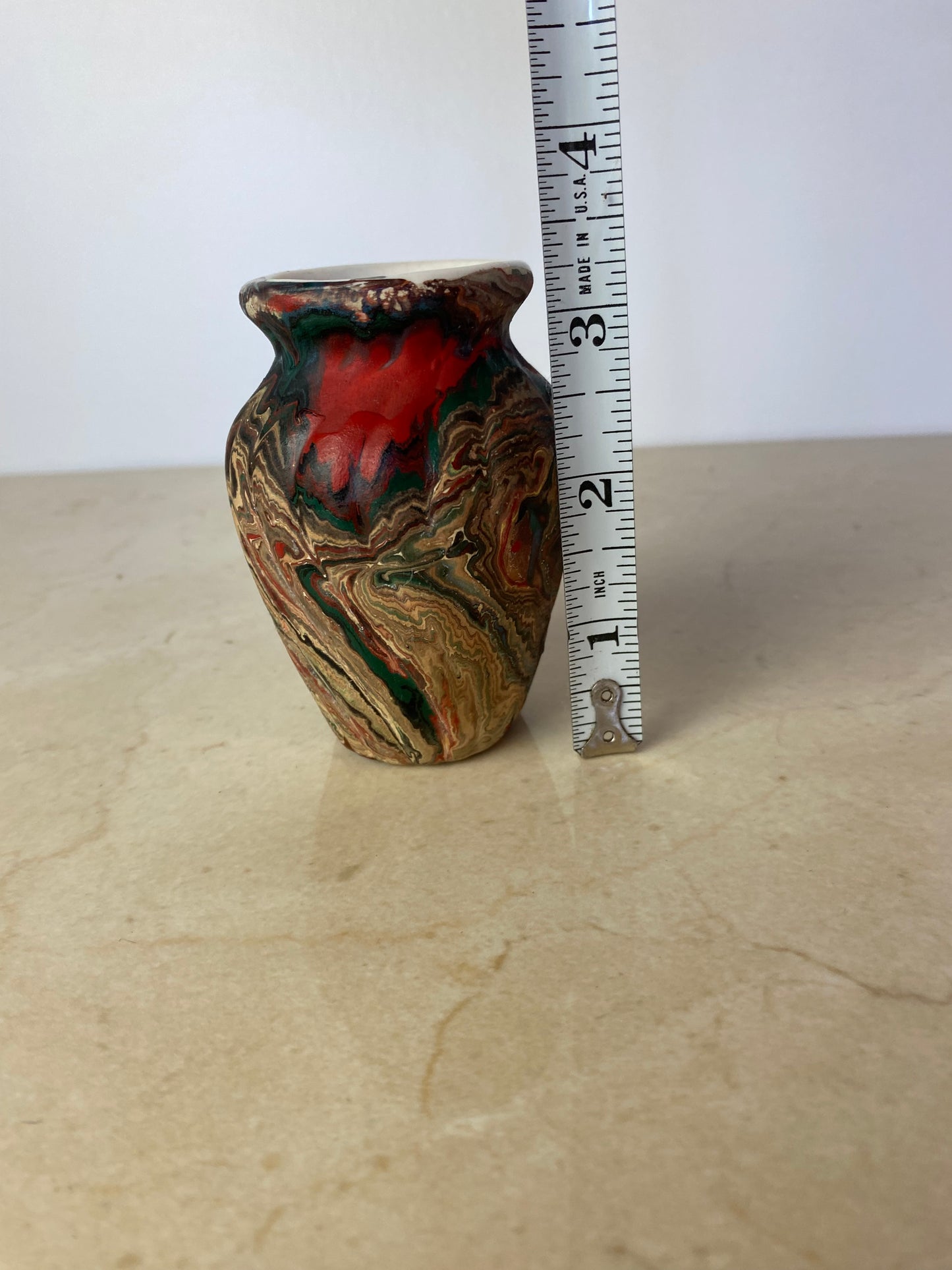 Vintage Marbled Porcelain Bud Vase in the Style of Nemadji or Ozark Pottery, Swirl Glaze Ceramic Vessel