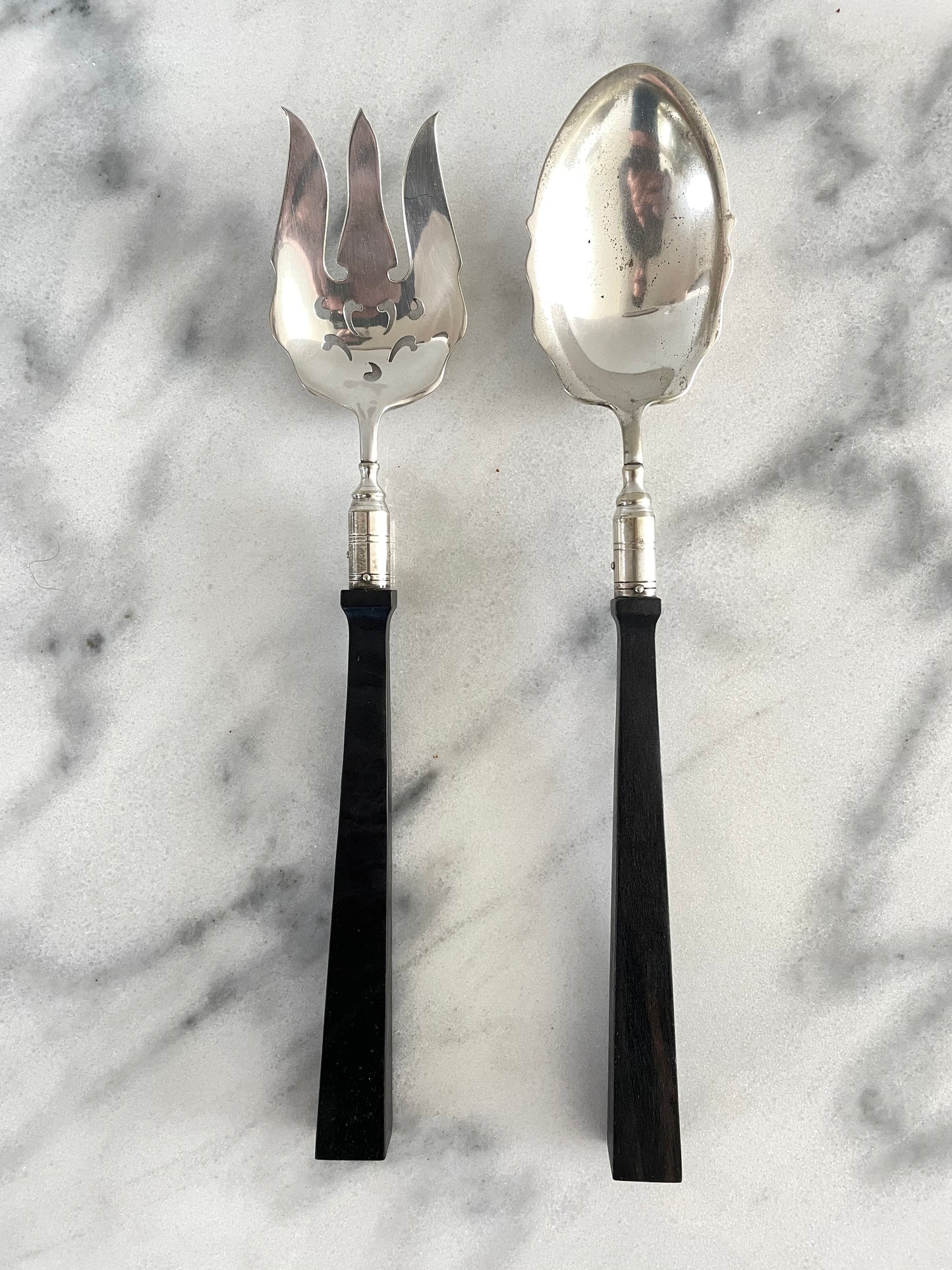 Early 1900 Ebony Sculpted Sterling Silver Plated Serving Set by Manning Bowman & Co.- Set of 2