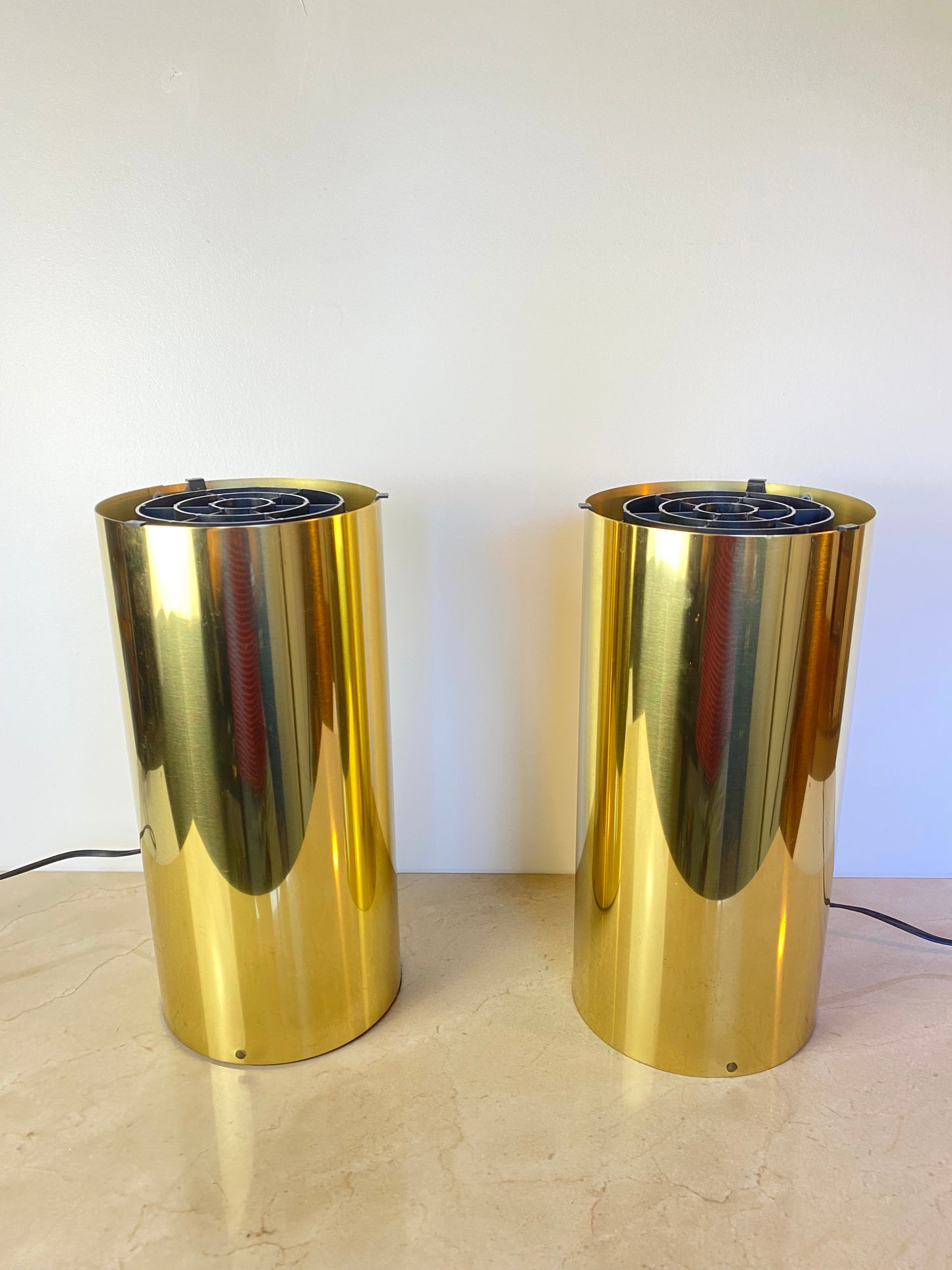 Pair of Vintage Brass Cylinder Table Lamps in the Style of Robert Sonneman, 1970s Modernist Uplights