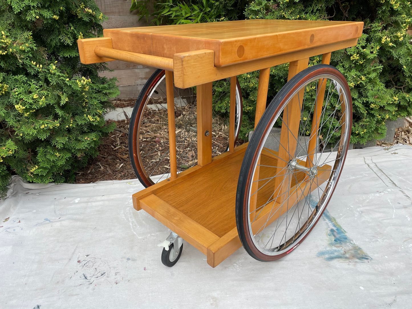 Bill W Saunders, Chopping Block on Bicycle Wheels Bar Cart Pasadena Art Design
