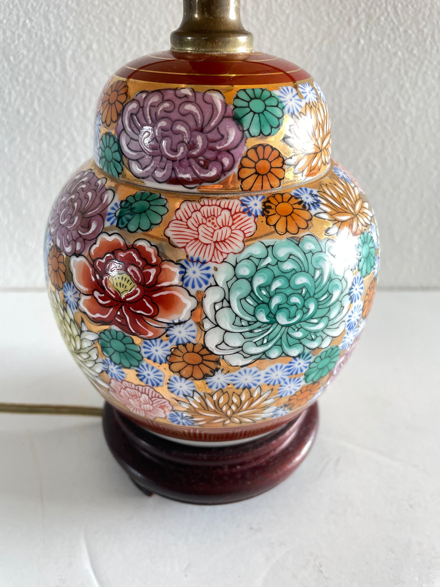Mid-Century Chinoiserie Petite Floral Ceramic Ginger Jar Table Lamp With Shade