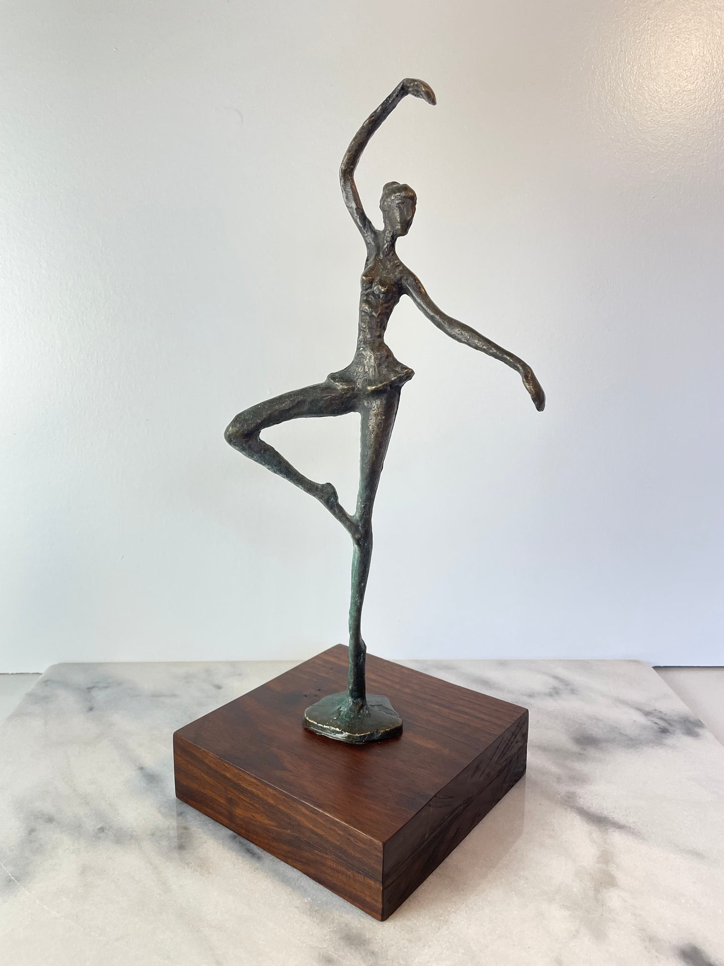 Vintage Abstract Bronze Ballerina Sculpture on Wood Base — Mid-Century Modern Figurative Art