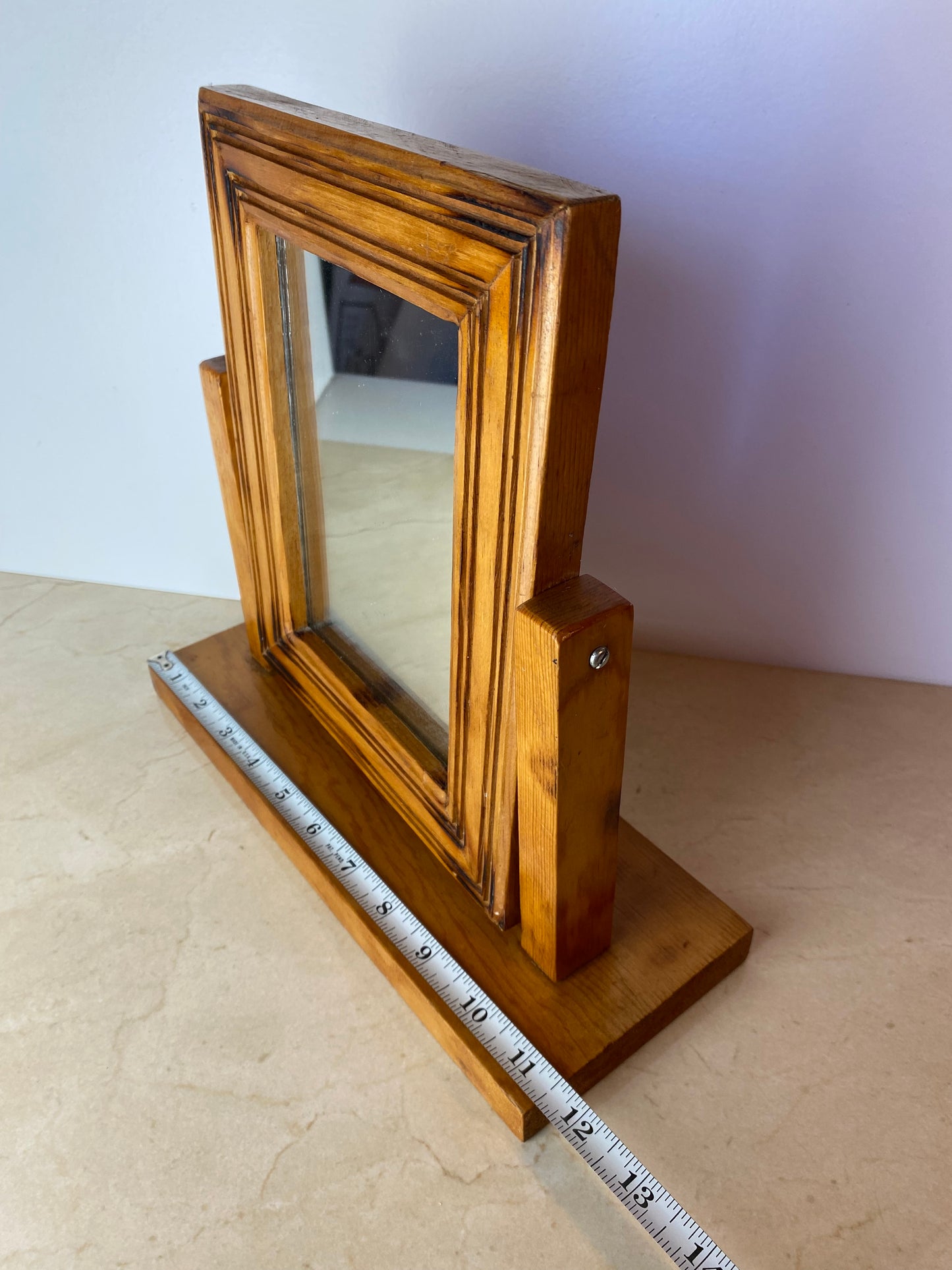 Vintage Handmade Carved Pine Tabletop Picture Frame on Stand, Rustic Folk Art Photo Display