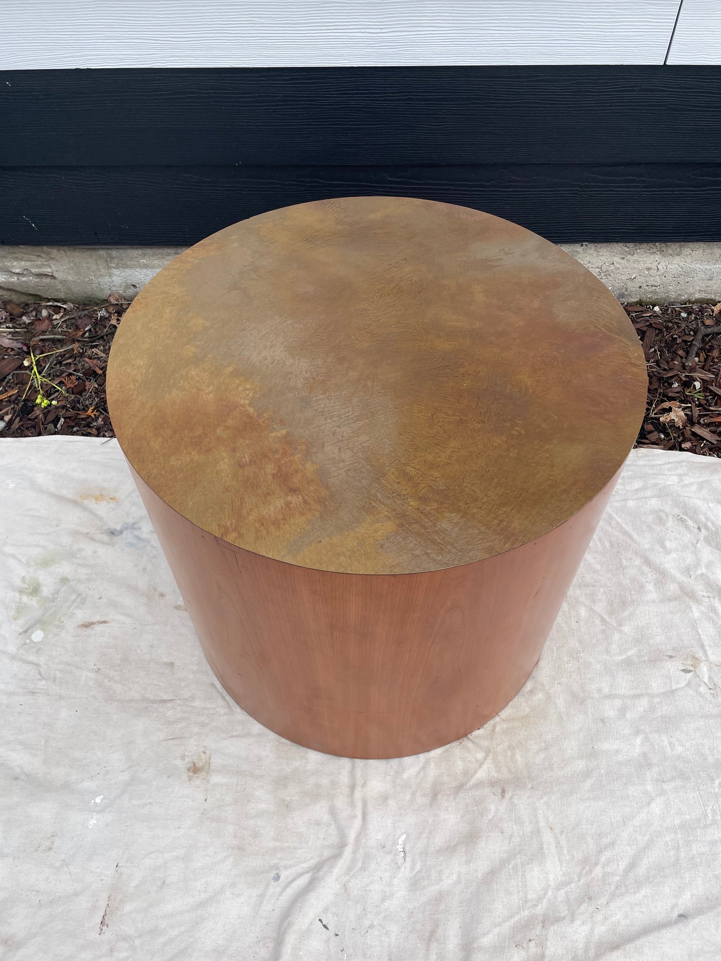 Late 20th Century Paul Mayen Style Cherry Wood Drum Table With Oxidized Metal Top