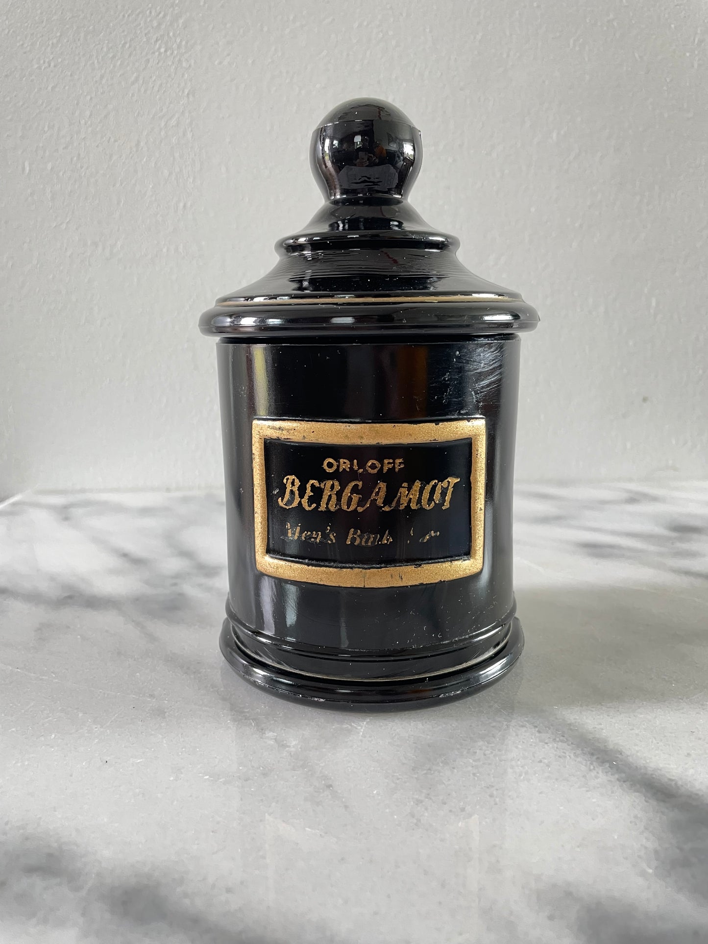 Vintage Black Glass Apothecary Jar Jean Vivaudou Co. Orloff Bergamot Men's Bath Talc