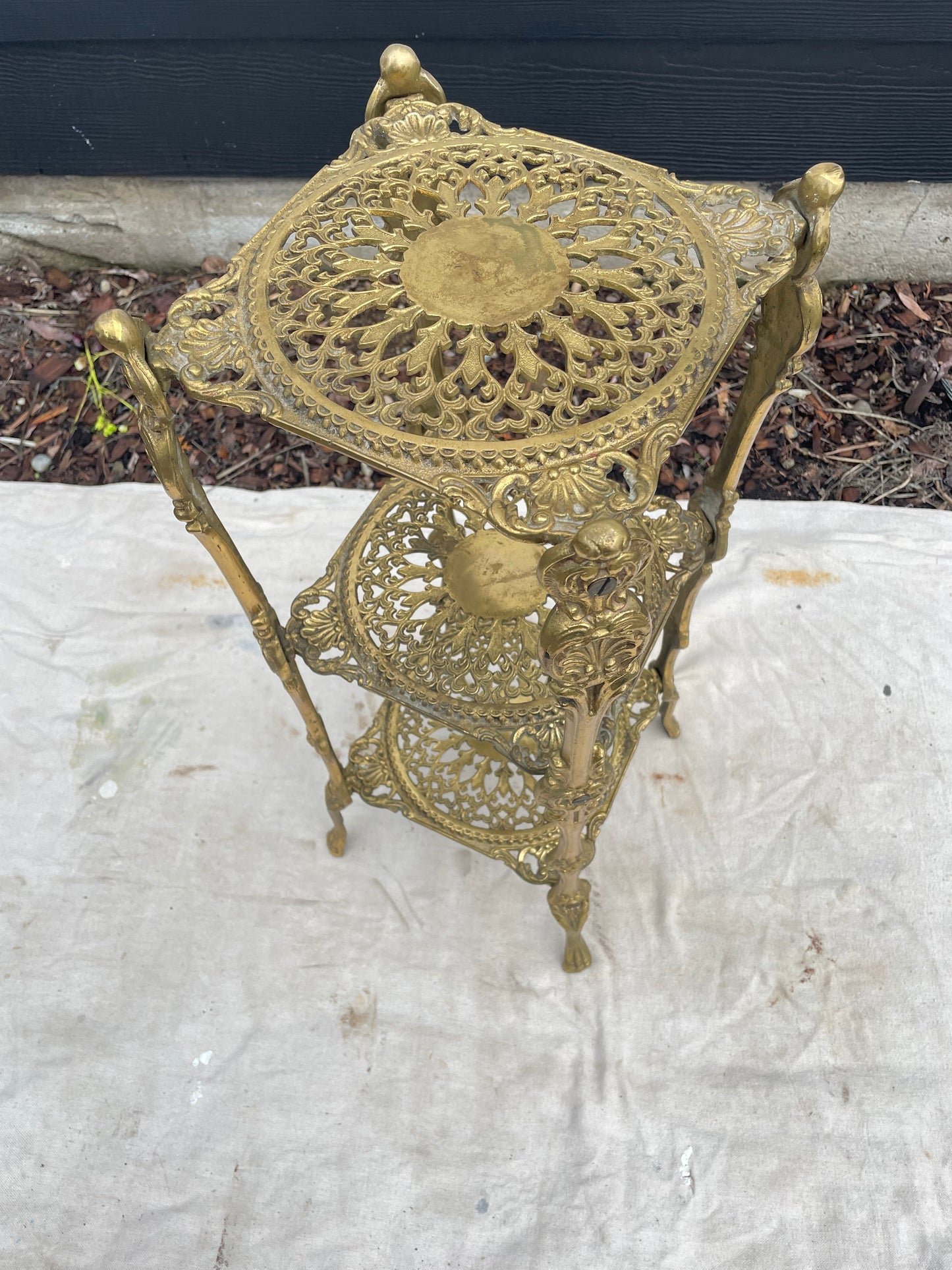 Vintage Ornate Brass Three-Tier Plant Stand Accent Table — Hollywood Regency Style