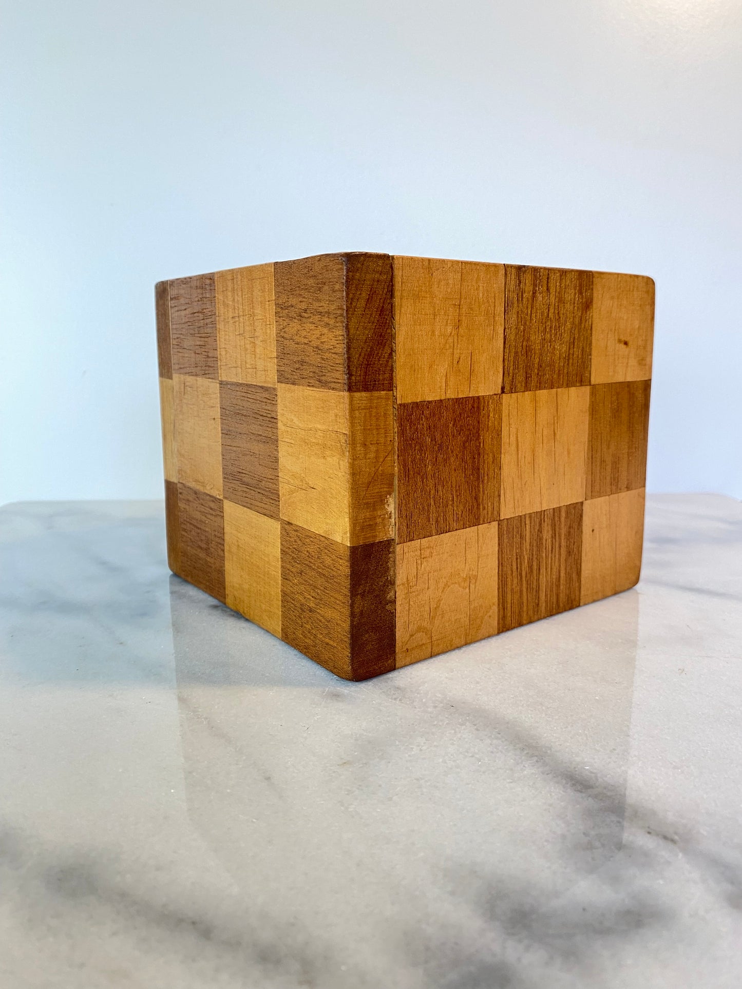 20th C. Mid-Century Modern Handcrafted Checkerboard Inlay Mixed Wood Cube Pen Holder or Planter
