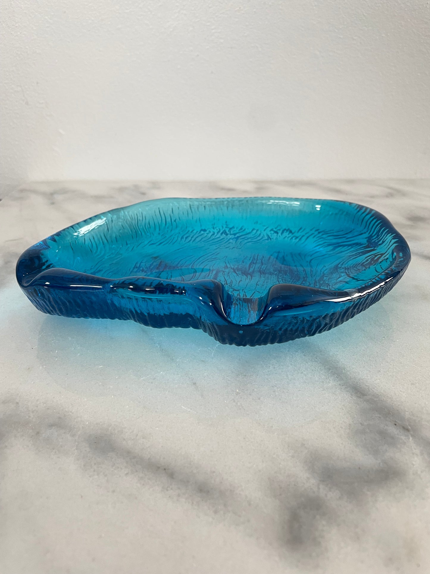 Mid-Century Blenko Sapphire Blue Amorphous Heavy Glass Tray Catchall