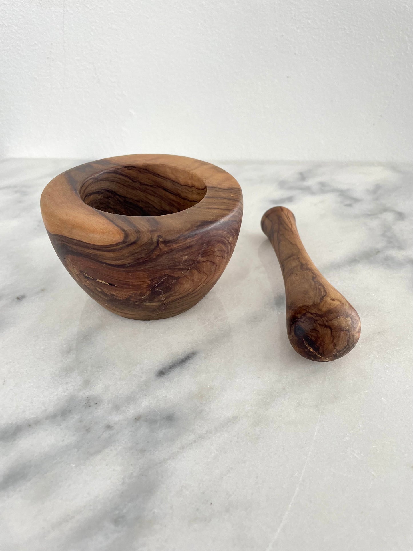 Vintage Turned Olive Wood Mortar and Pestle - 2 Piece Set