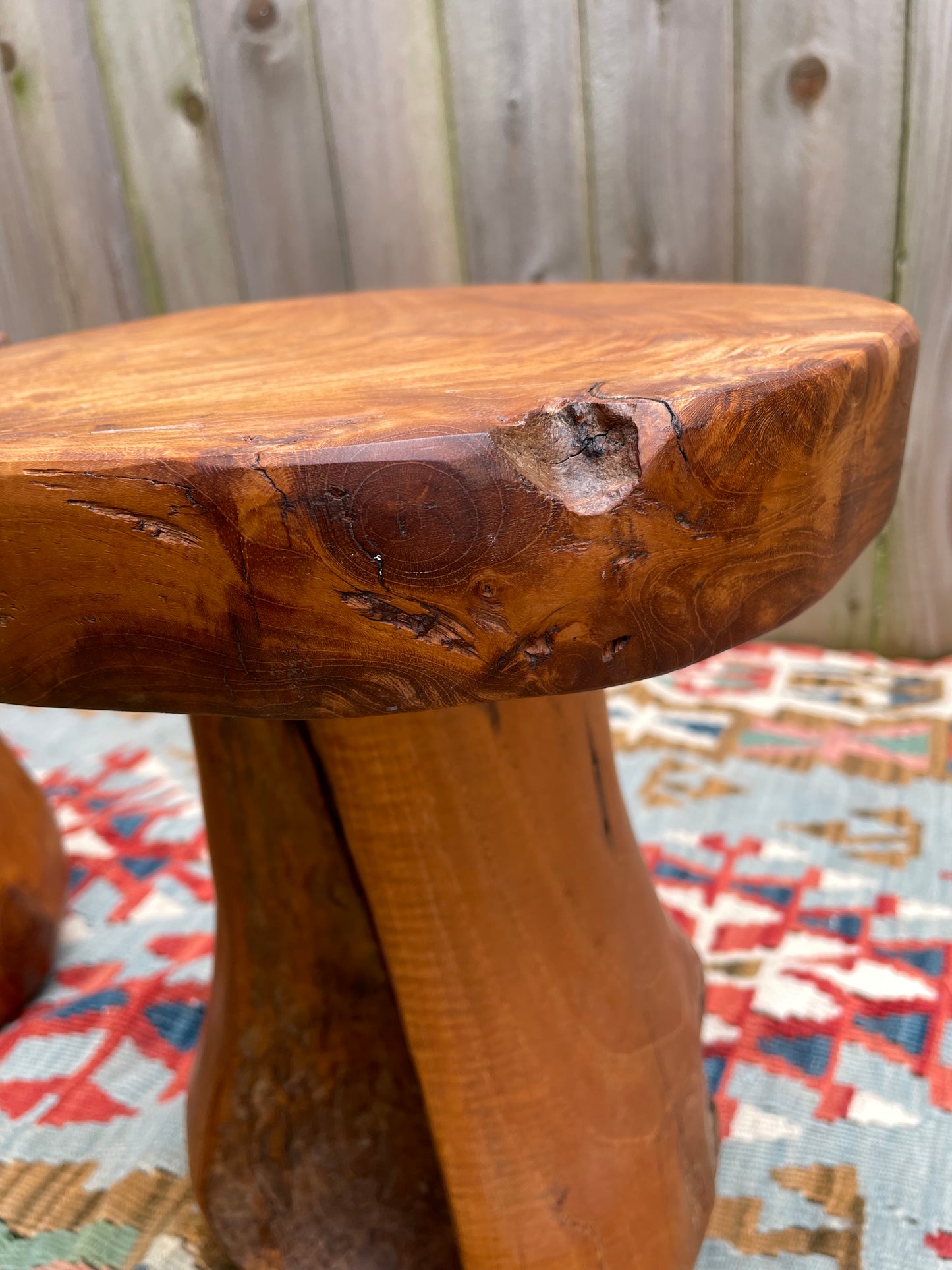 Mid 20th Century Rustic Solid Teak Wood Mushroom Tables - a Pair