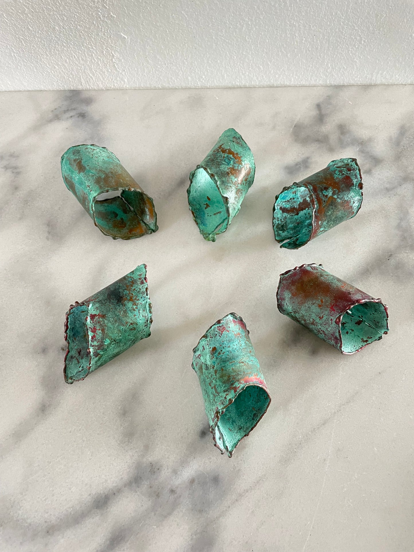Mid 20th Century Rustic Verdigris Patina Copper Napkin Rings - Set of 6