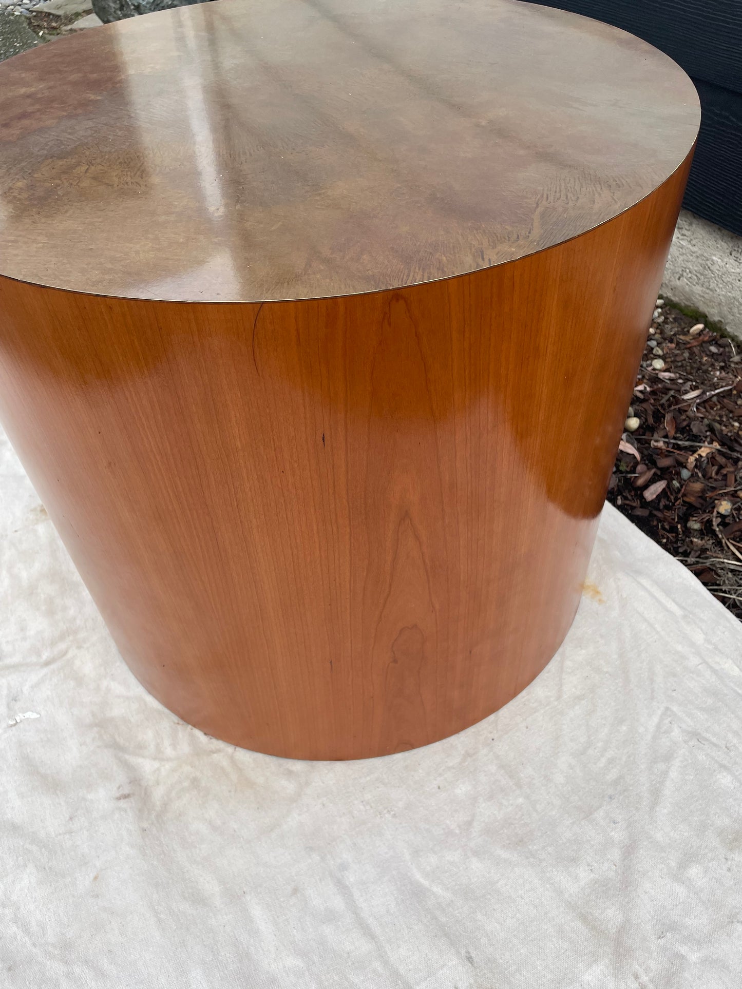 Late 20th Century Paul Mayen Style Cherry Wood Drum Table With Oxidized Metal Top