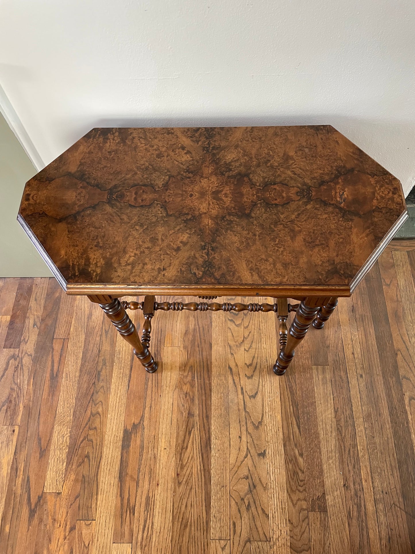 Antique Victorian Burl Walnut Octagonal Side Table, Bobbin Turned Legs