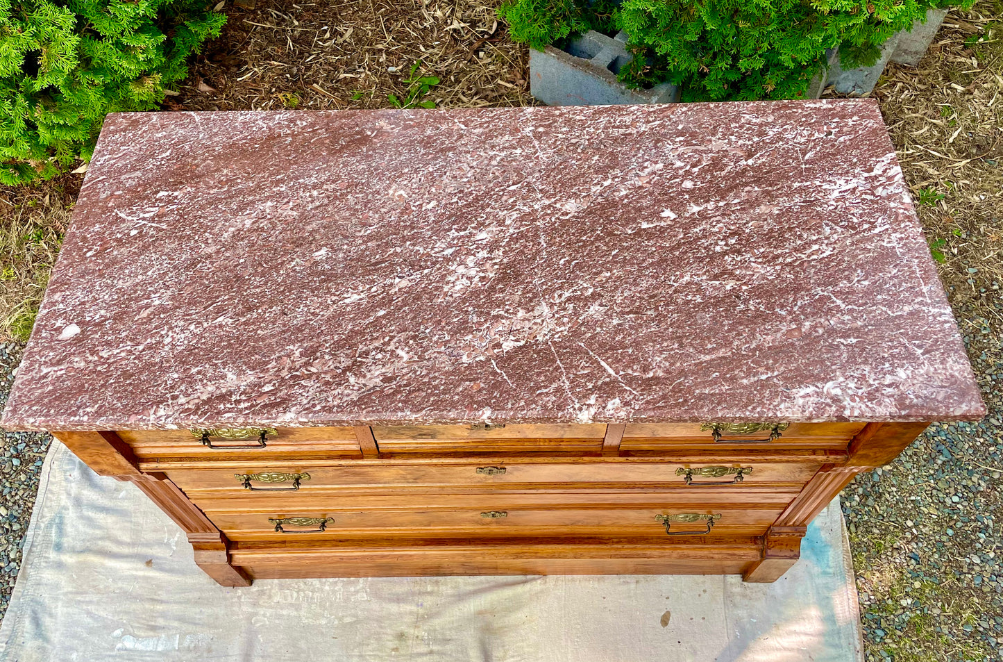 Early 20th Century Victorian Oxblood Marble 5 Drawer Chest Dresser