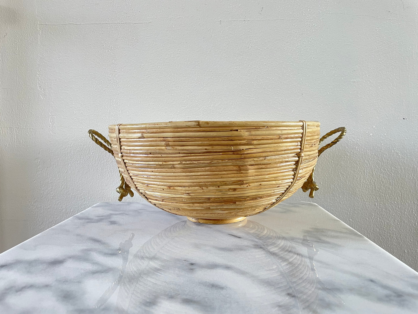 1970s Vintage Mid-Century Crespi Style Bamboo Brass & Rattan Bowl