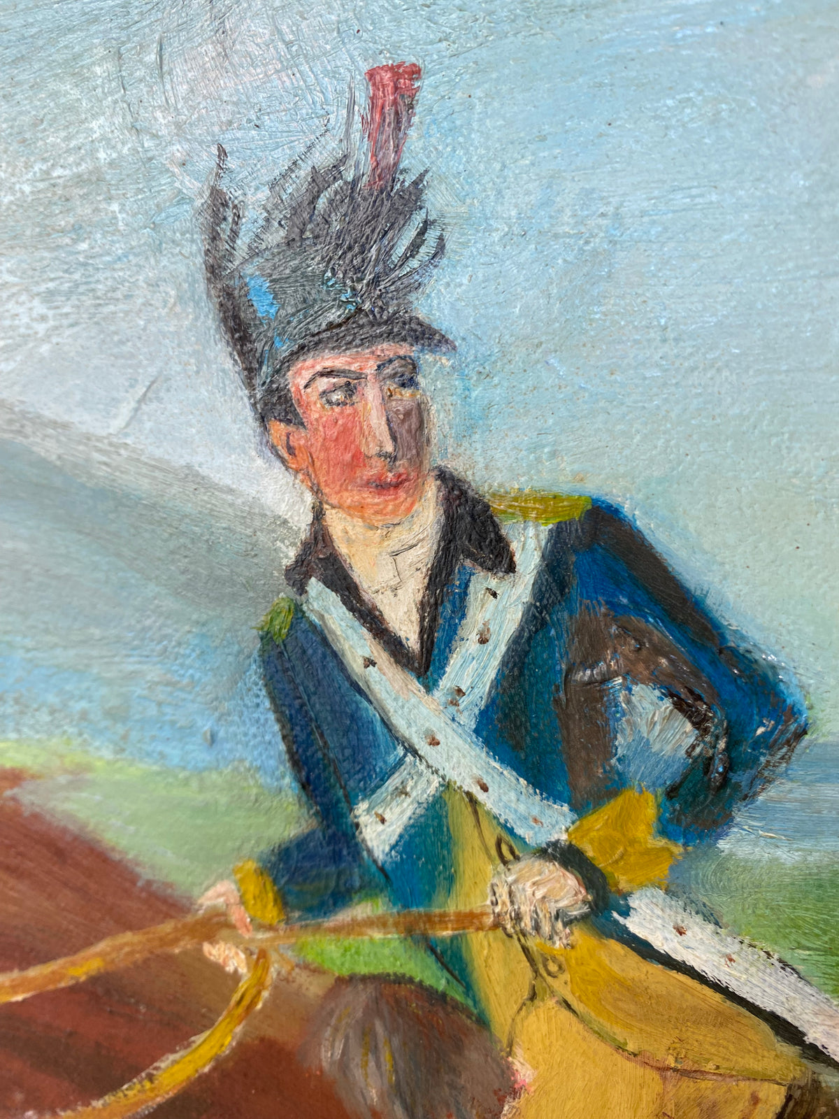 Vintage Naive Folk Art Painting, Equestrian Officer, Signed Anna Werner