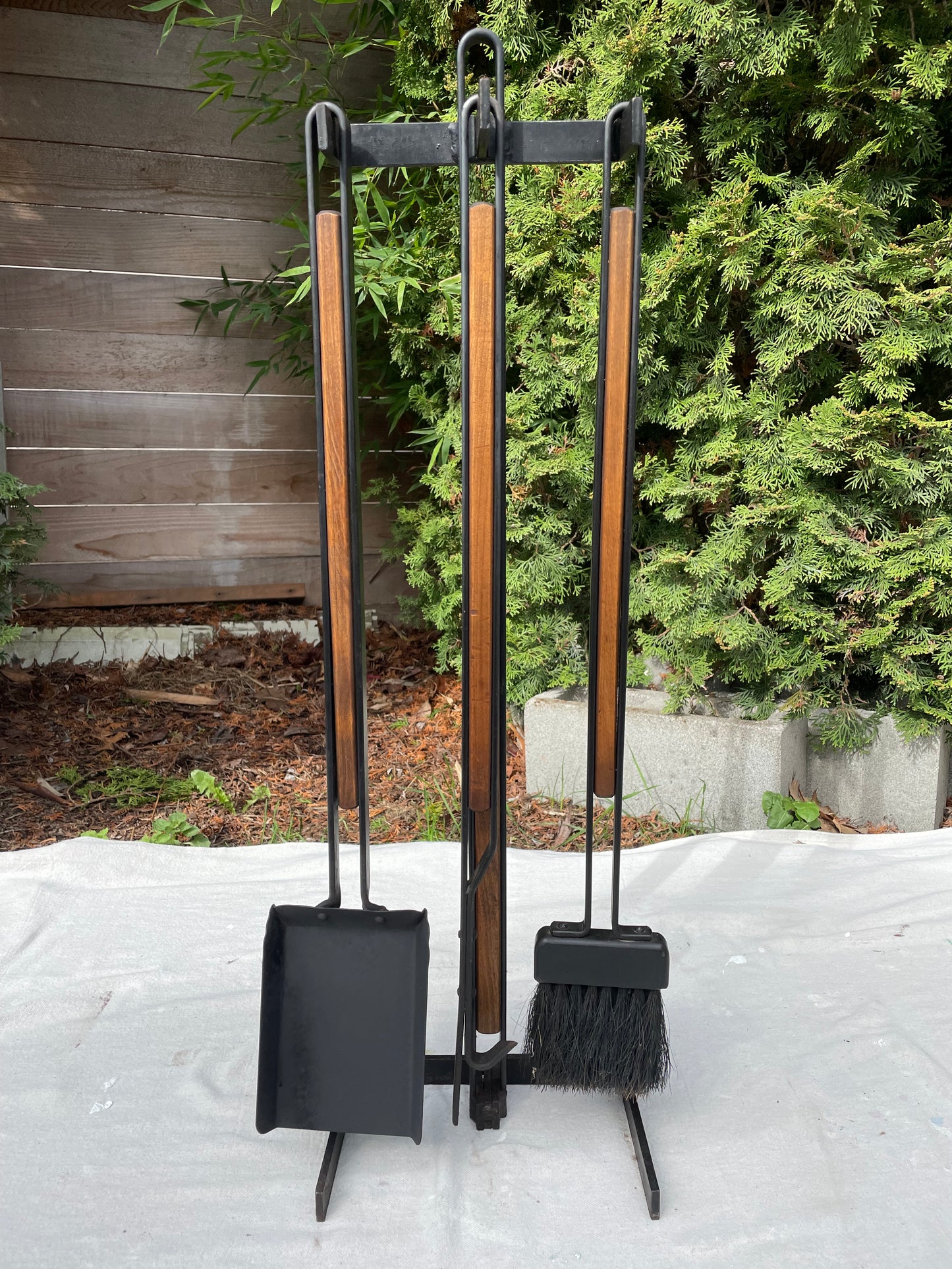 Mid Century Tony Paul Style Wood and Wrought Iron Fireplace Tools Set- 4 Pieces