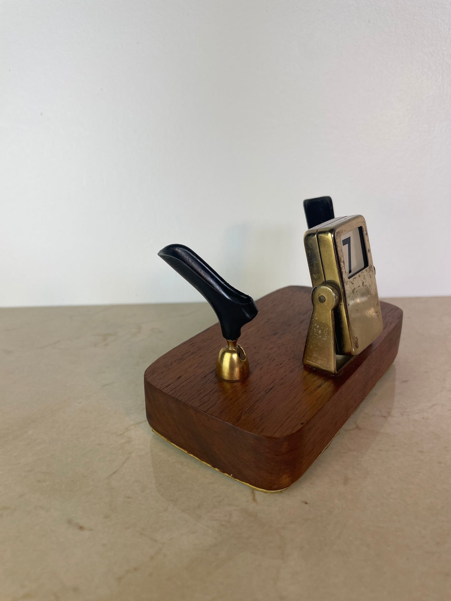 Mid-Century Brass & Walnut Perpetual Calendar Desk Set With Pen Holders