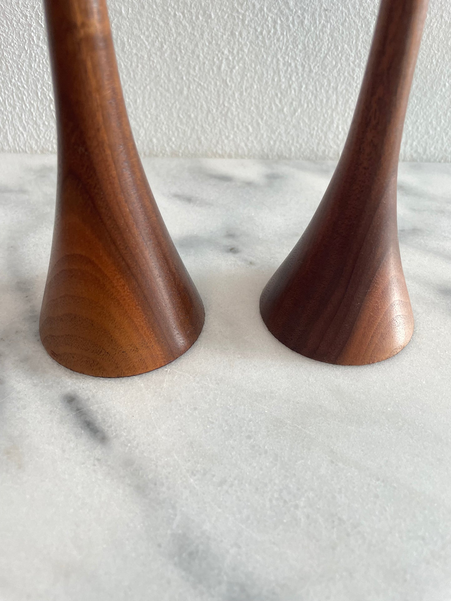 Mid-Century Walnut Tapered Tulip Candlesticks - Pair