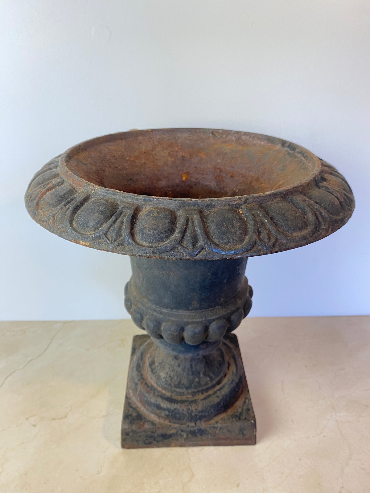 Antique Cast Iron Campana Garden Urn, Egg-and-Dart Rim