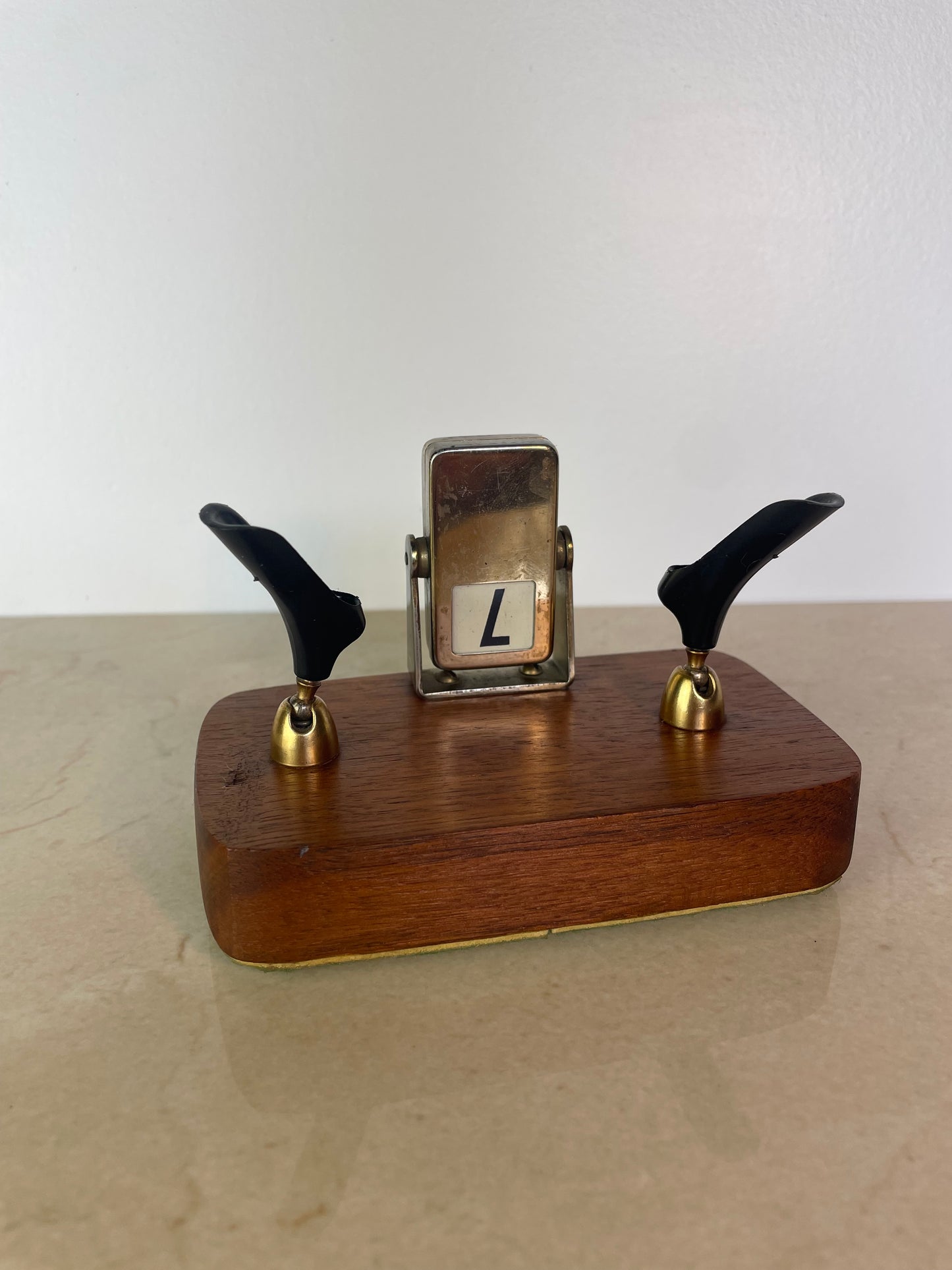 Mid-Century Brass & Walnut Perpetual Calendar Desk Set With Pen Holders