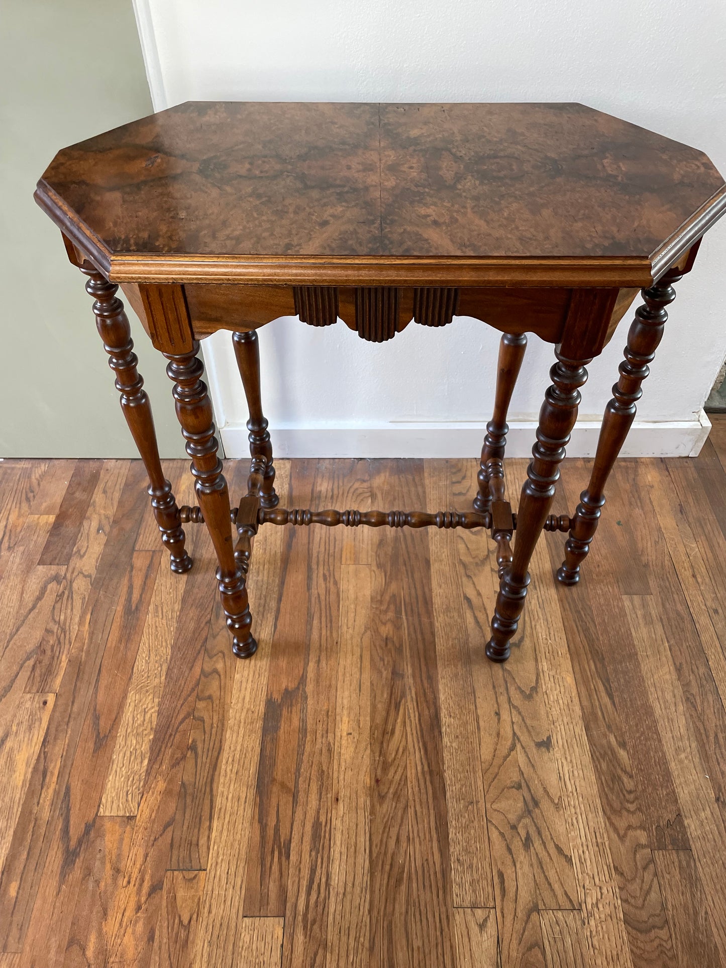 Antique Victorian Burl Walnut Octagonal Side Table, Bobbin Turned Legs