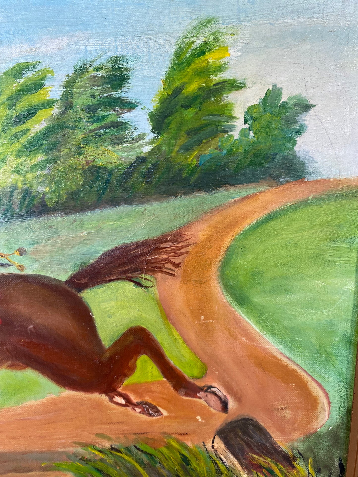 Vintage Naive Folk Art Painting, Equestrian Officer, Signed Anna Werner