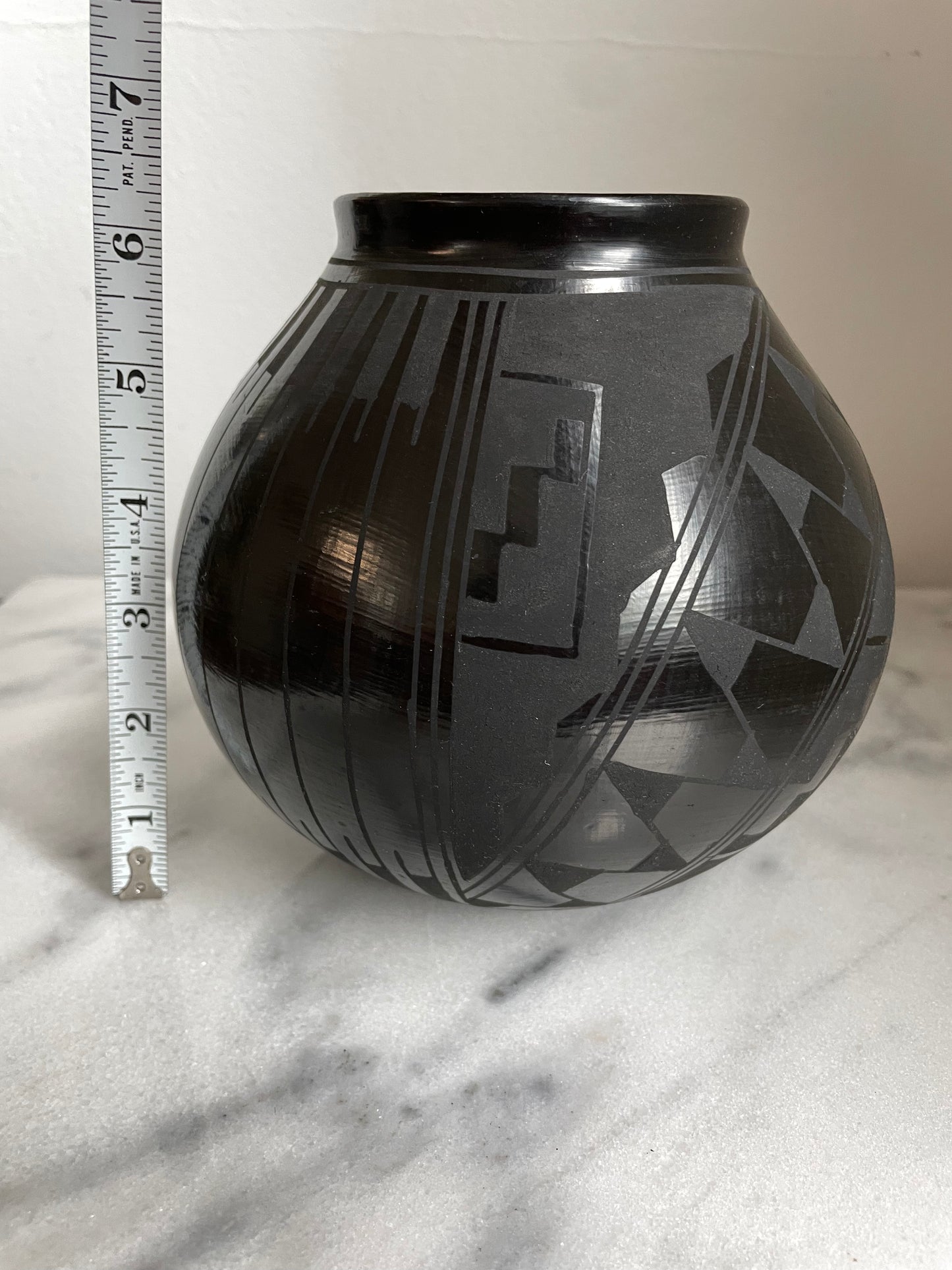 1990s Mata Ortiz Geometric Blackware Vase by David Ortiz