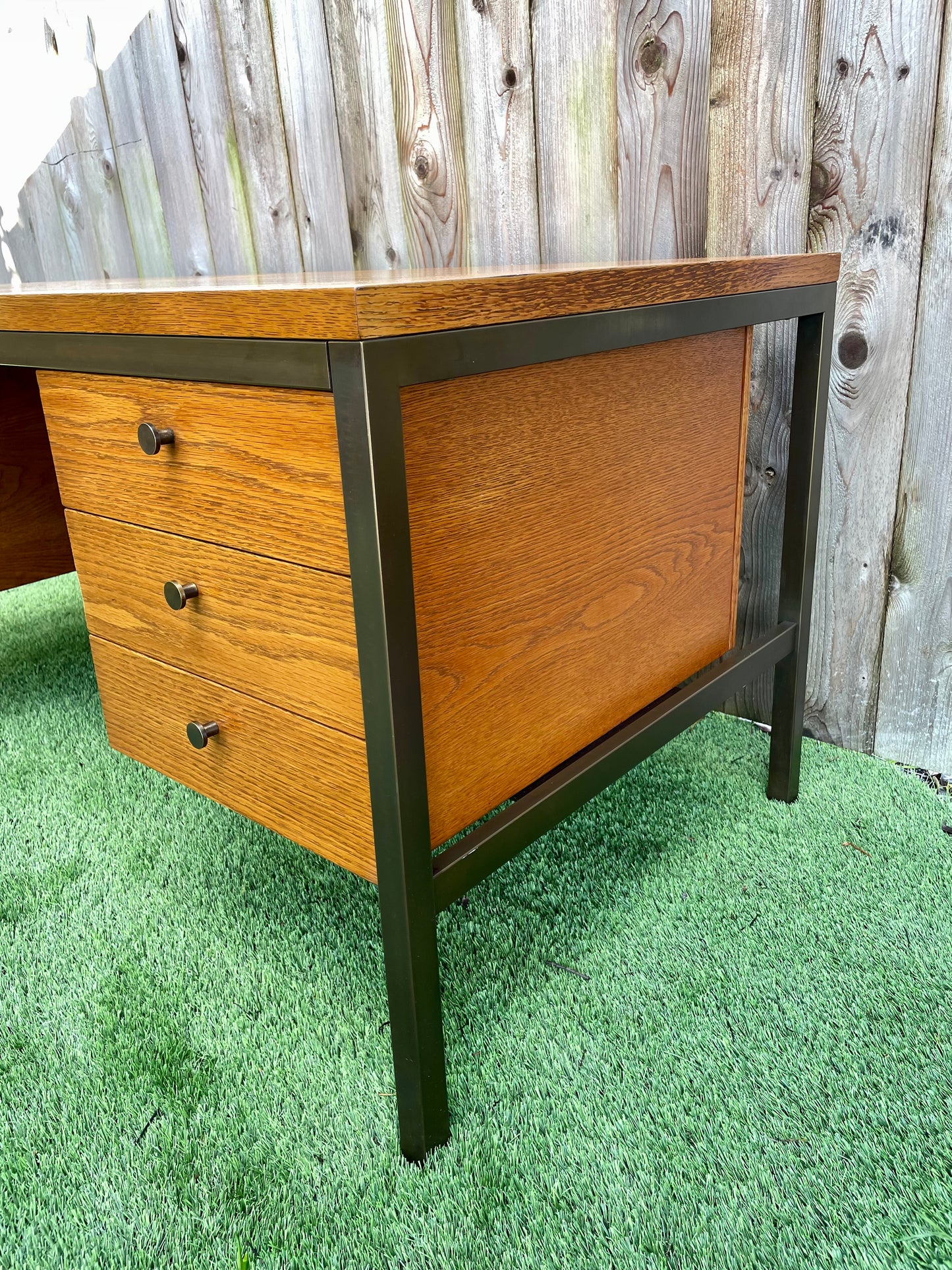 Mid 20th Century Mid-Century Modern Executive Desk in Oak and Bronze by Harry Lunstead Designs, Seattle