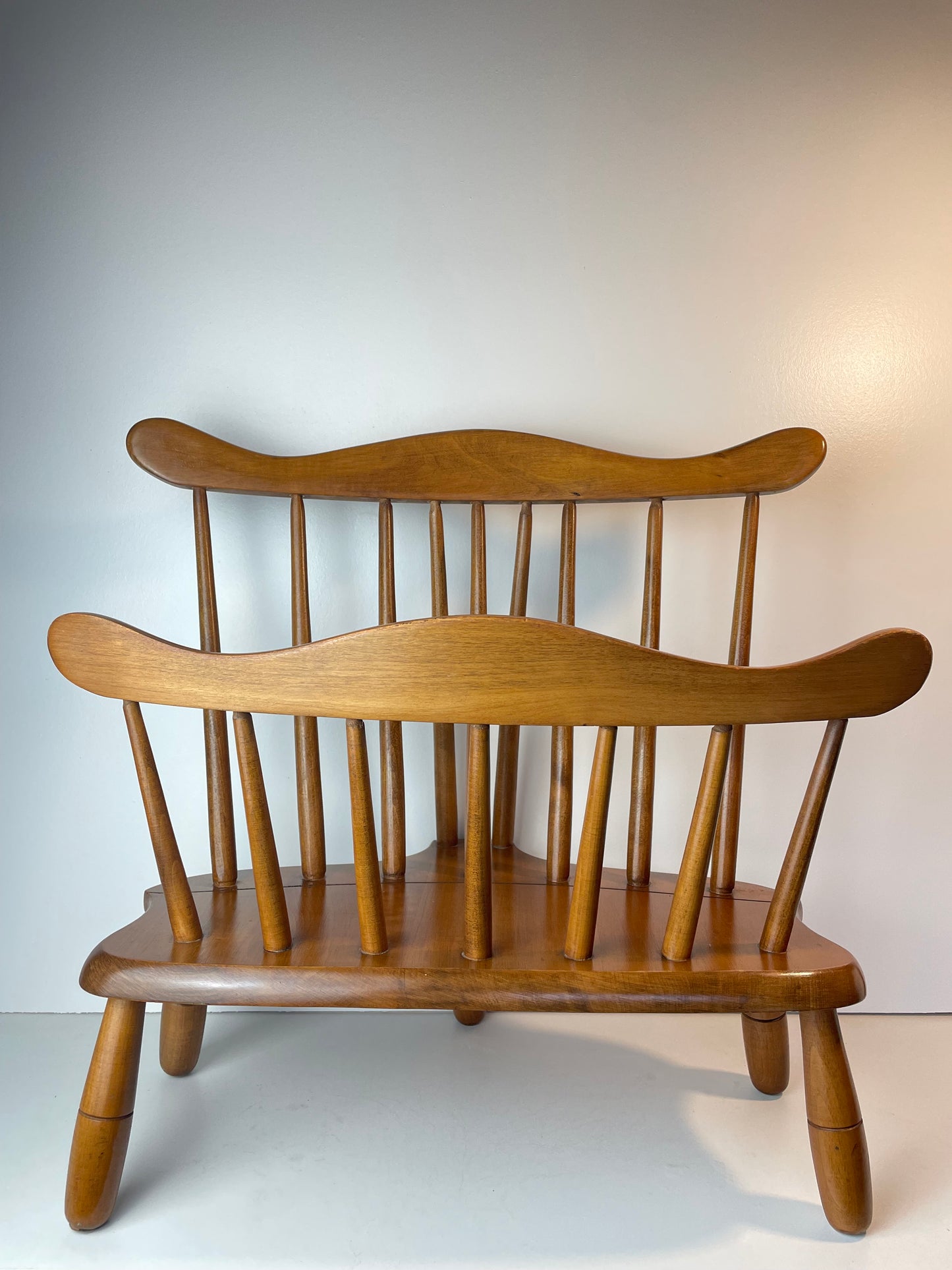 Vintage Early American Solid Maple Magazine Rack by R. Veal & Sons, Albany or — Windsor Style