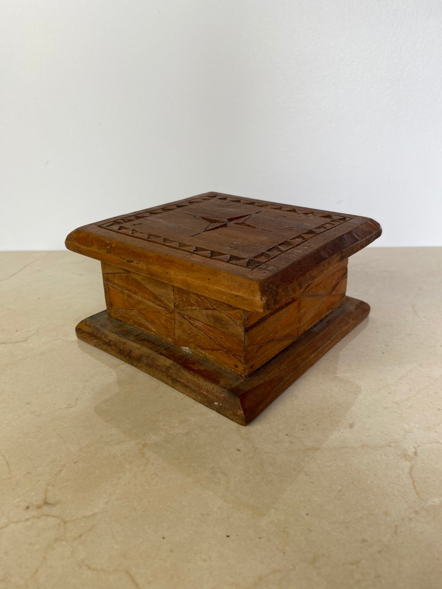Vintage Hand-Carved Wood Folk Art Lidded Box With Star Motif