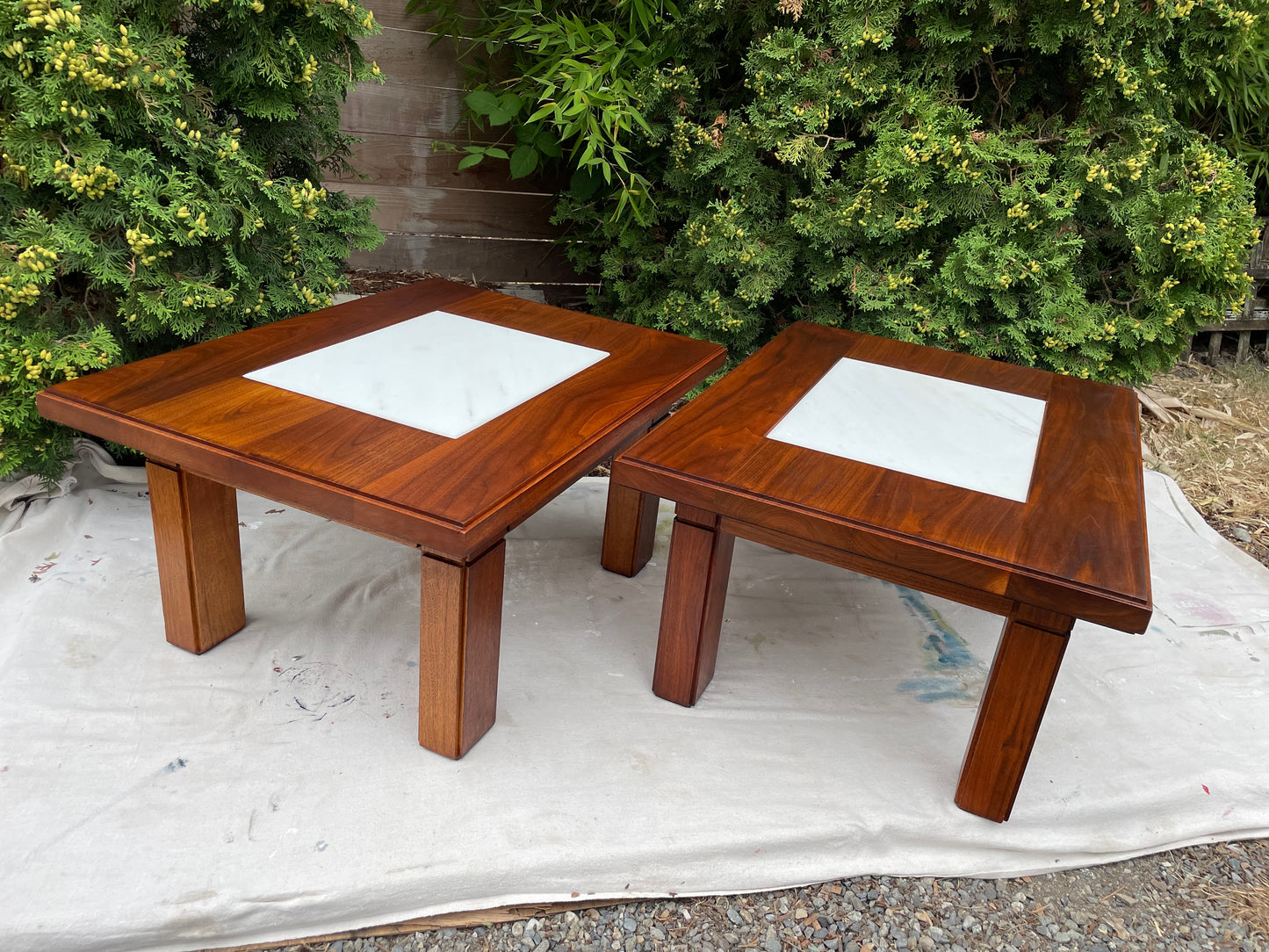 Mid-Century Studio Solid Walnut & Marble Side Tables Pair
