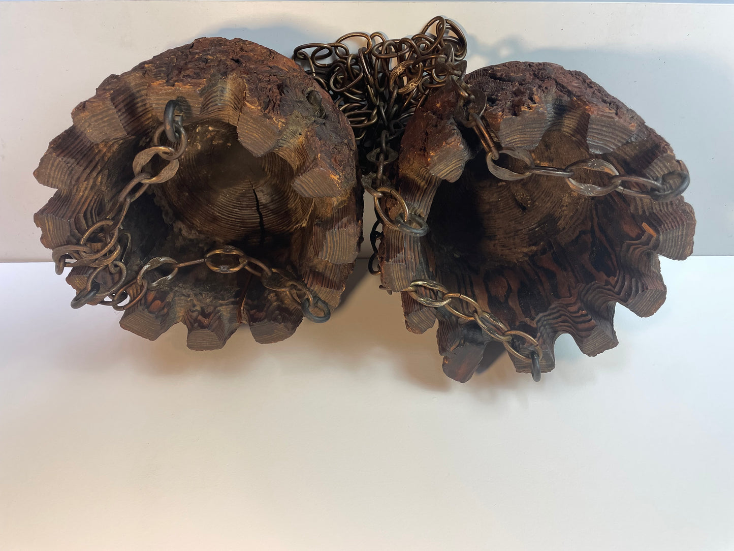 Mid 20th Century Rustic Mission Style Redwood Swag Chain Hanging Planters - A Pair