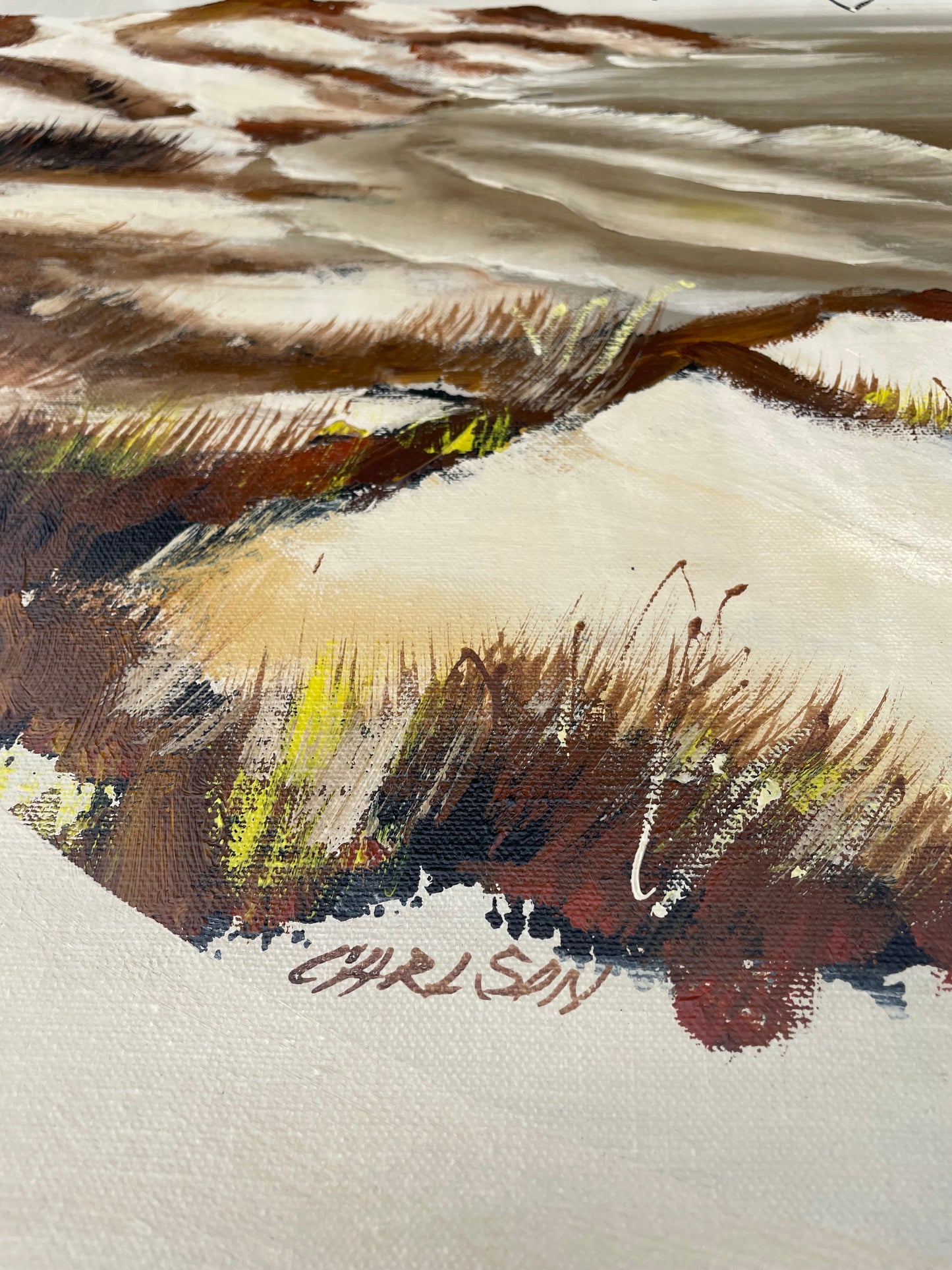 Mid 20th Century Signed Carlson Seascape Oil Painting – Gulls & Dunes on Canvas